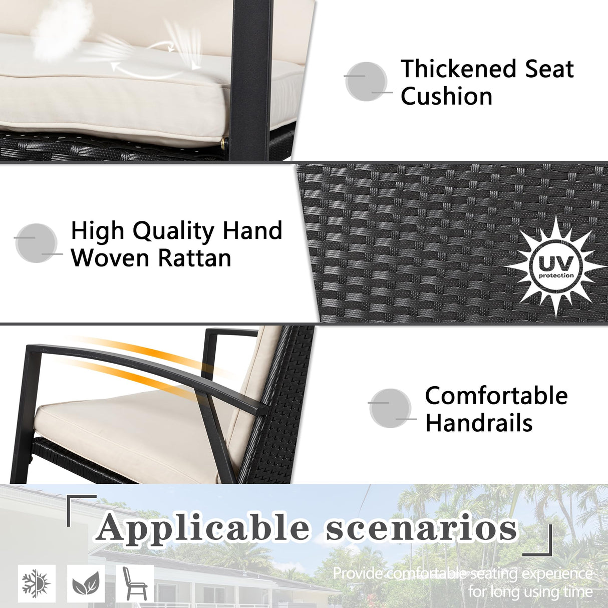 Shintenchi 3 Pieces Rocking Bistro Set Wicker Patio Outdoor Furniture, 2 Rattan Porch Chairs Conversation Sets with Glass Coffee Table (Beige) Shintenchi