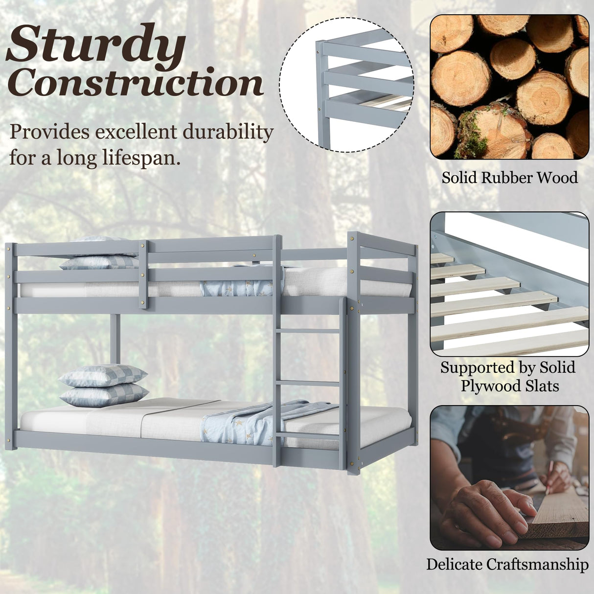 Mirightone Bunk Bed Twin Over Twin, Floor Bunk Bed with Ladder, Solid Wood Low Twin Bunk Beds for Kids Teens, Ideal for Multiple-Child Family, Apartment, Dormitory, No Box Spring Needed,Grey Mirightone