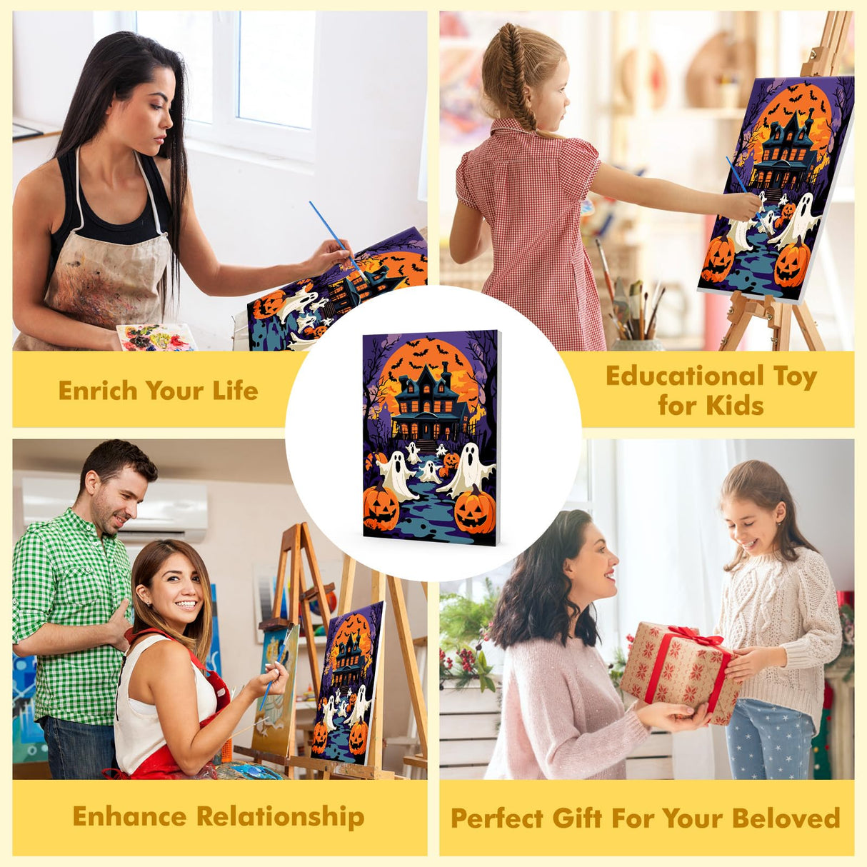 Bowetile Halloween Framed Paint by Numbers for Adults Beginners, Easy Adults' Paint-by-Number Kits on Canvas, Acrylic Castle Number Painting Crafts Kits Halloween Gifts for Home Decor, 8x12in Bowetile