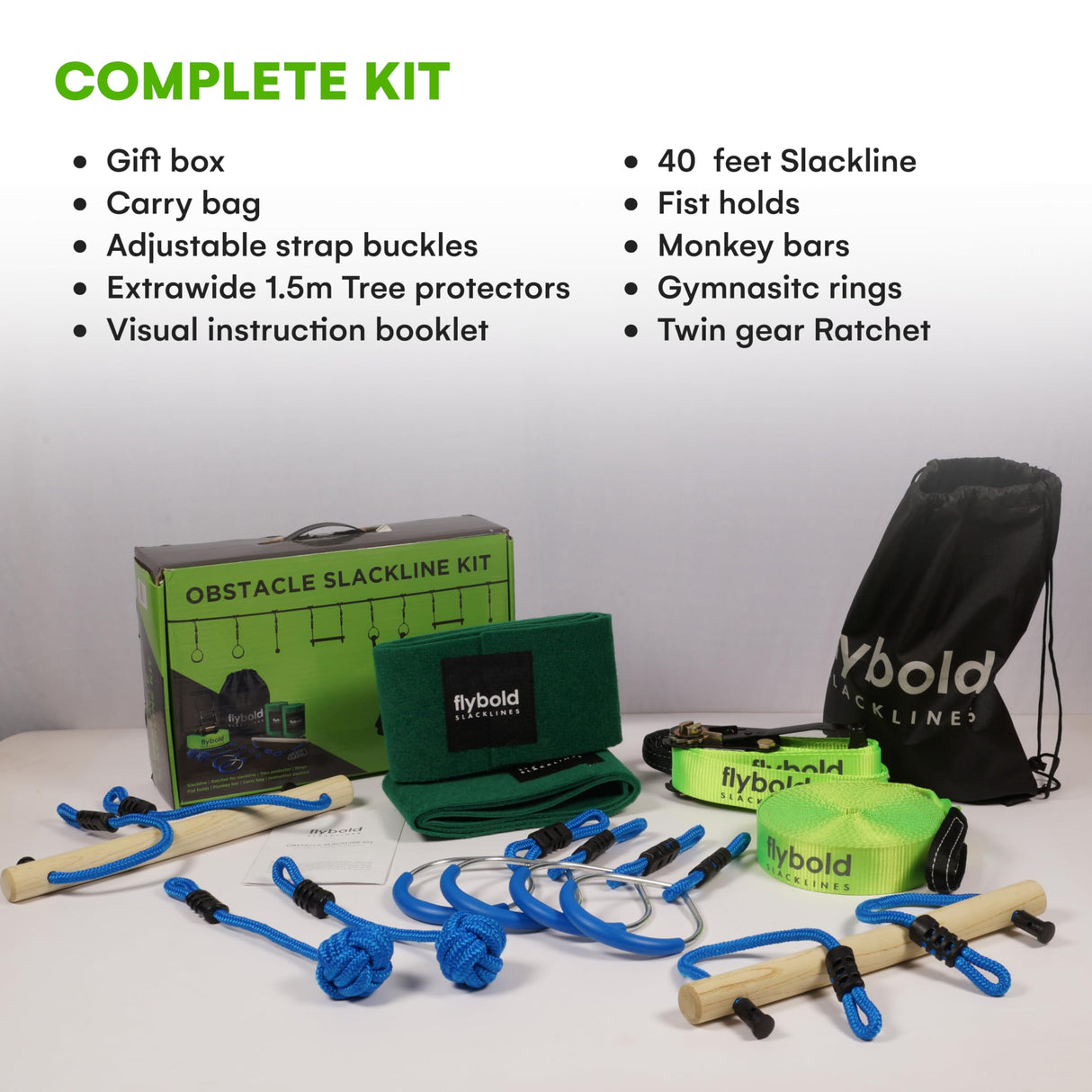 Flybold Obstacle Course for Kids - 40 Ft Ninja Warrior Slackline Kit with 8 Adjustable Obstacles - Tree Protectors, Twin Gear Ratchets, Carry Bag - Complete Outdoor Adventure Set flybold