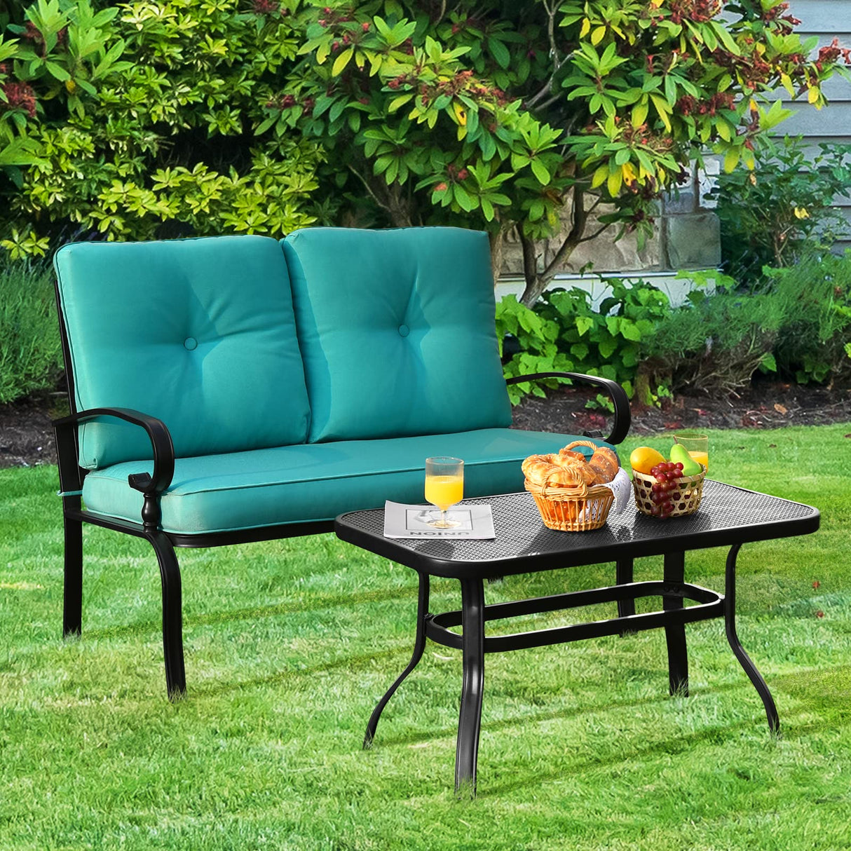 Giantex Patio Loveseat with Coffee Table Outdoor Bench with Cushion and Metal Frame, Loveseat Porch Furniture Set Sofa for Garden, Yard, Patio or Poolside Giantex