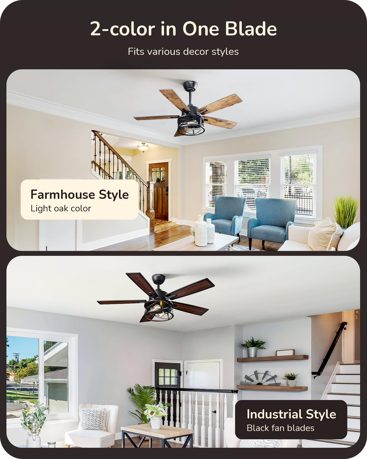 EDISHINE 42“ Farmhouse Ceiling Fans with Lights, Remote Control, Dimmable, 6 Speeds, 5 Wood Blades, DC Reversible Motor, Timer, Noiseless, Small Rustic Ceiling Fan for Bedroom Living Room, UL Listed EDISHINE