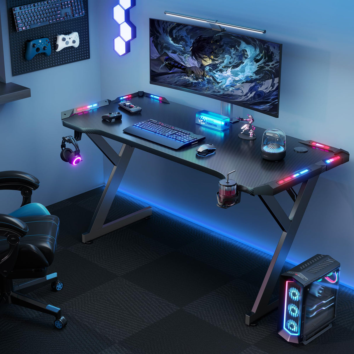 HLDIRECT 40 INCH Gaming Desk with LED Lights, Home Office Gamer Desk, Ergonomic Computer Table with Large Carbon Fiber Desktop, Office Workstation, Cup Holder & Headphone Hook, Black HLDIRECT