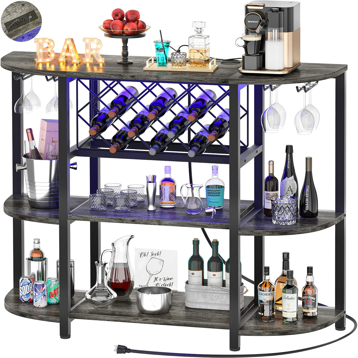 Unikito 4-Tier Metal Coffee Bar Cabinet with Outlet and LED Light, Freestanding Floor Bar Table for Liquor with Glass Holder and Wine Rack Storage, Wine Bakers Rack for Kitchen Dining Room, Gray Oak Unikito