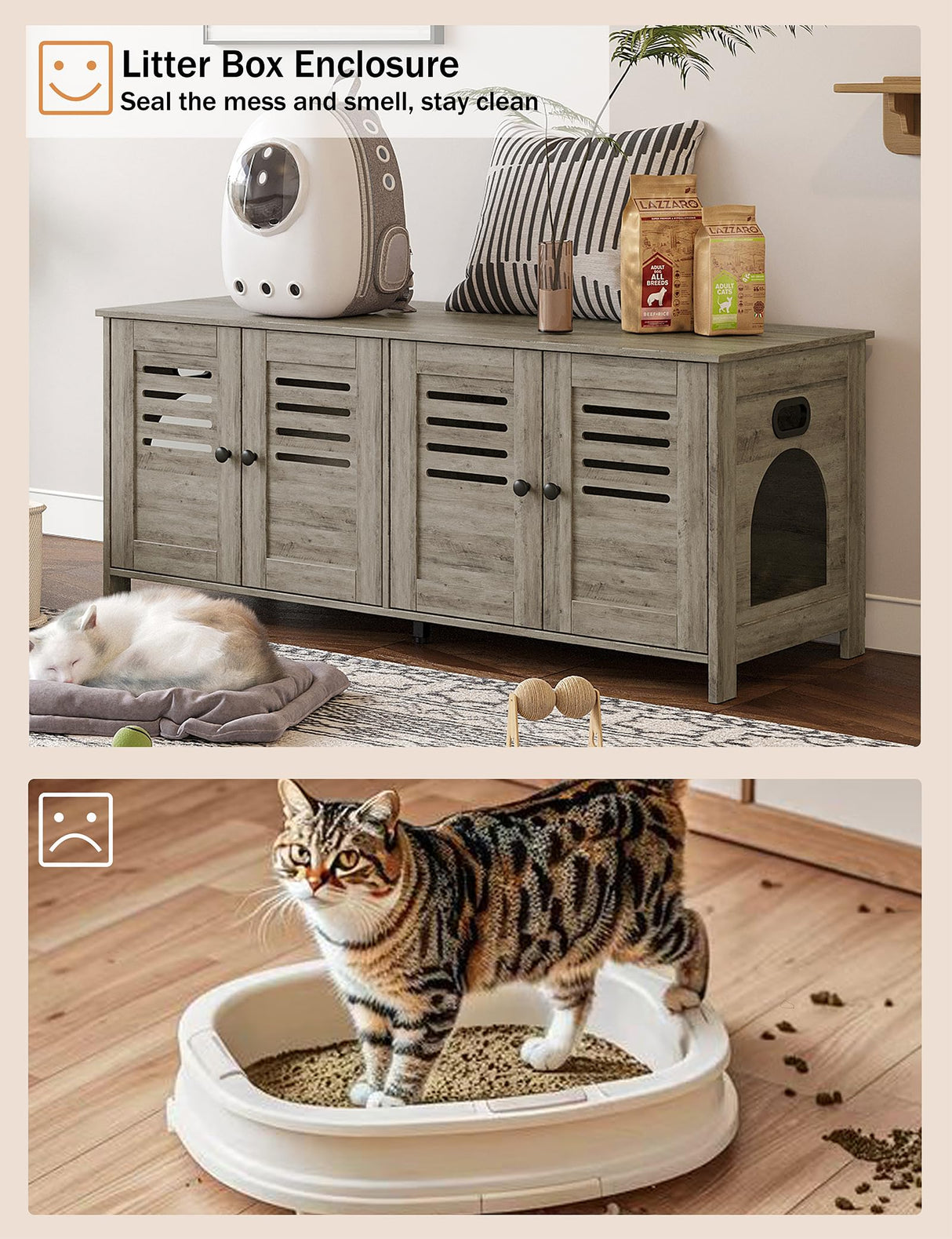DINZI LVJ Litter Box Enclosure for 2 Cats, Hidden Litter Box Furniture with Double Rooms, Dual Cat Litter House, Front Doors, 47.2" Wooden Hidden Cat Washroom, Side End Table, TV Stand, Gray Wash DINZI LVJ