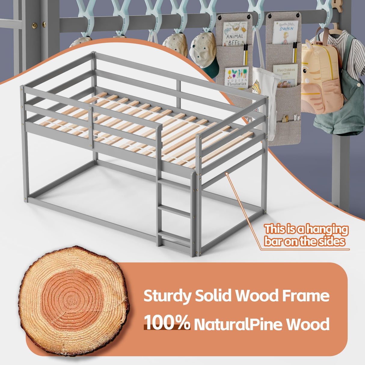 TOLEAD Low Bunk Bed Twin Over Twin, Floor Bunk Bed with Ladder, Twin Bunk Bed with Full Guardrails, Wooden Bunk Bed for Juniors, Boys, Girls, Kids, Bedrooms (Grey) TOLEAD