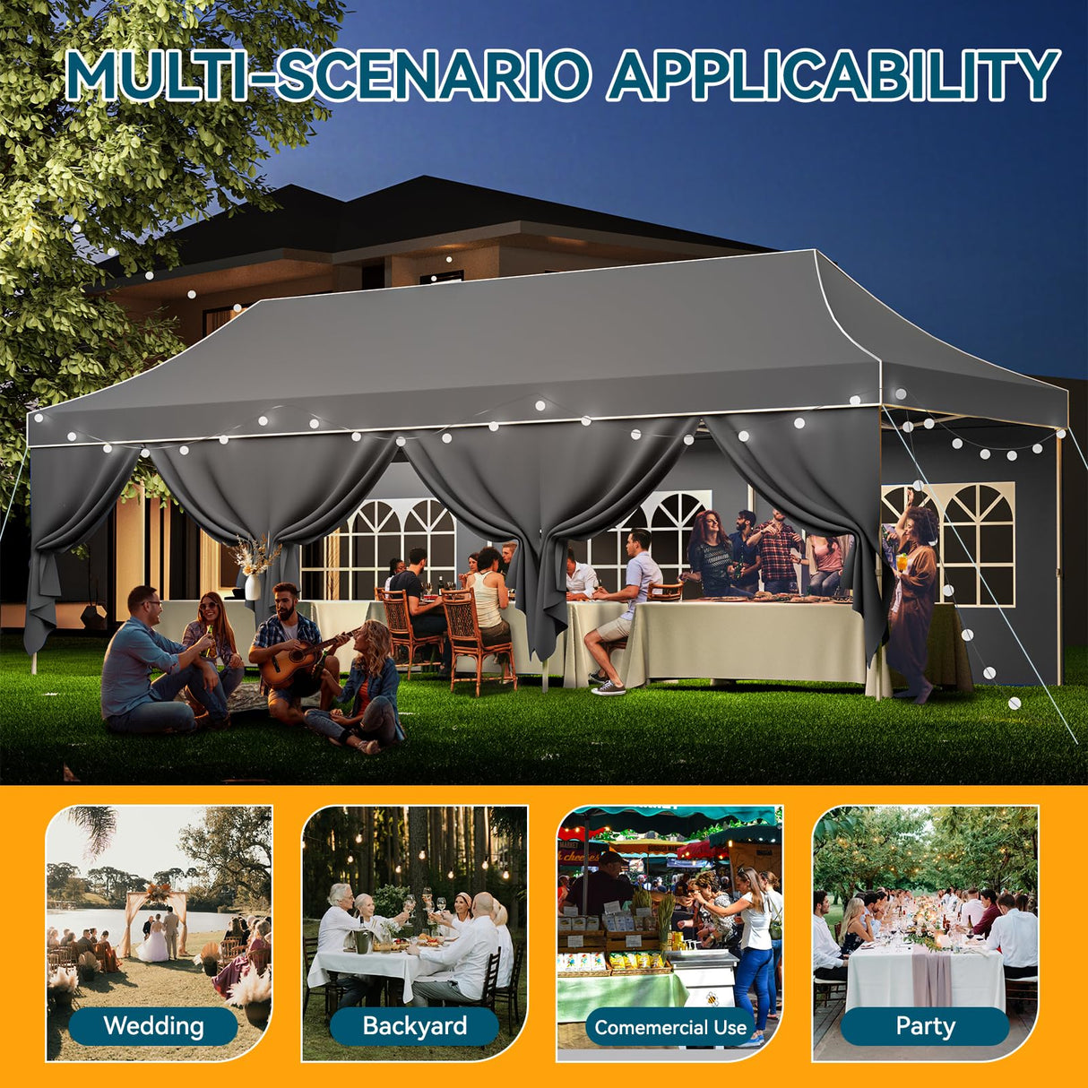 Hoteel Canopy 10x30 Heavy Duty Pop Up Canopy Tent with 8 Sidewalls,UPF50+ and Waterproof 1500mm,3 Height Adjustable,Upgraded Hexagonal Pipe,Commercial Instant Tent,for Picnic,Parties,Wedding,Grey Hoteel