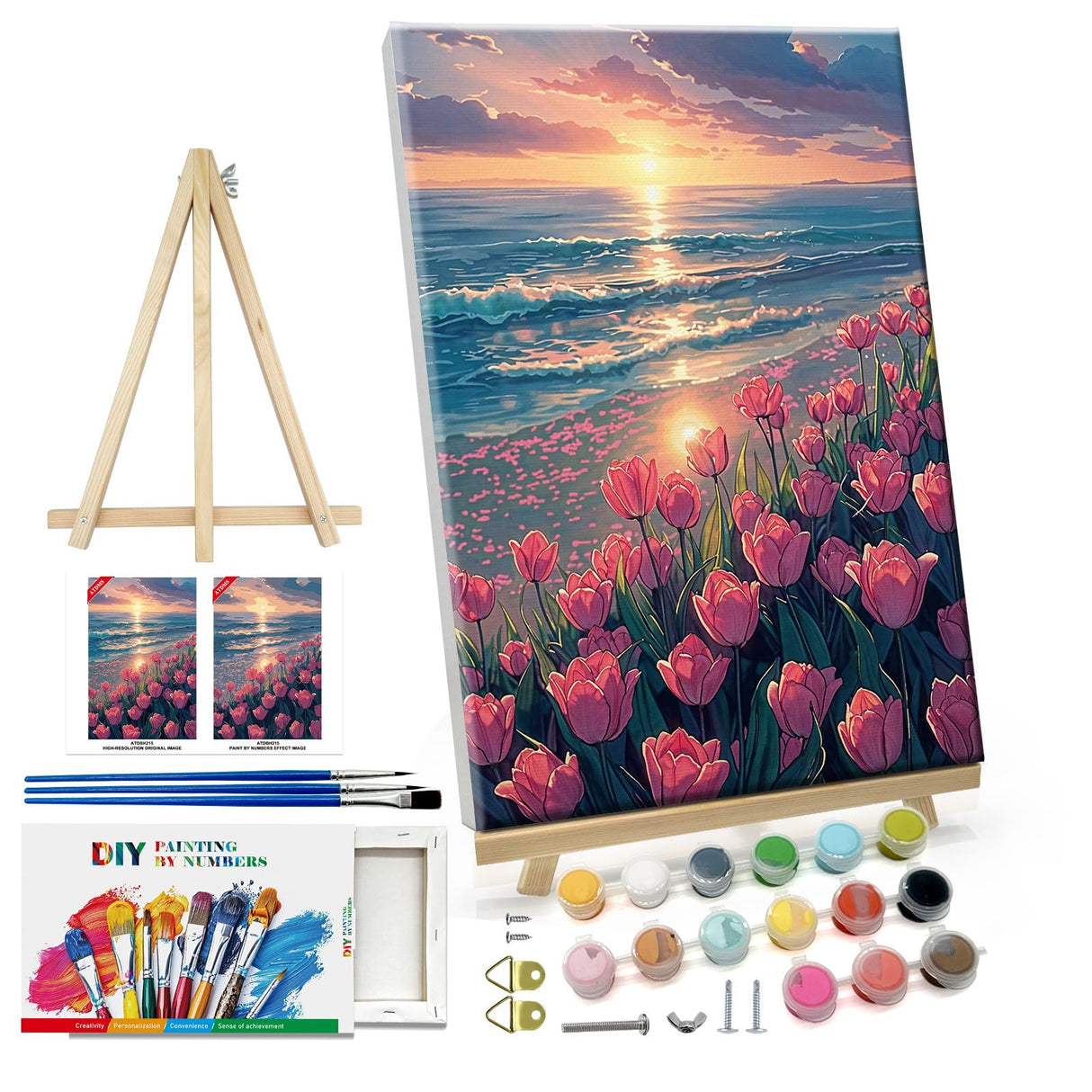 ATDMS Paint by Numbers Kit for Adults with Easel DIY Tulips Adult Paint by Number Kits on Canvas Framed Oil Painting Kits for Wall Hanging Home Room Decor 7.87x11.81 Inch ATDMS