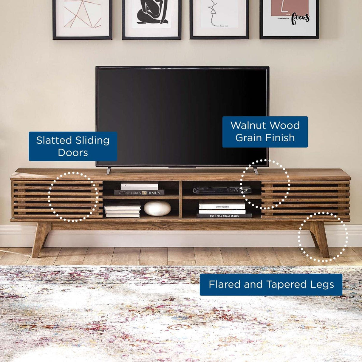 Modway Render 70" Mid-Century Modern Low Profile Media Console TV Stand, 70 Inch, Walnut Walnut Modway