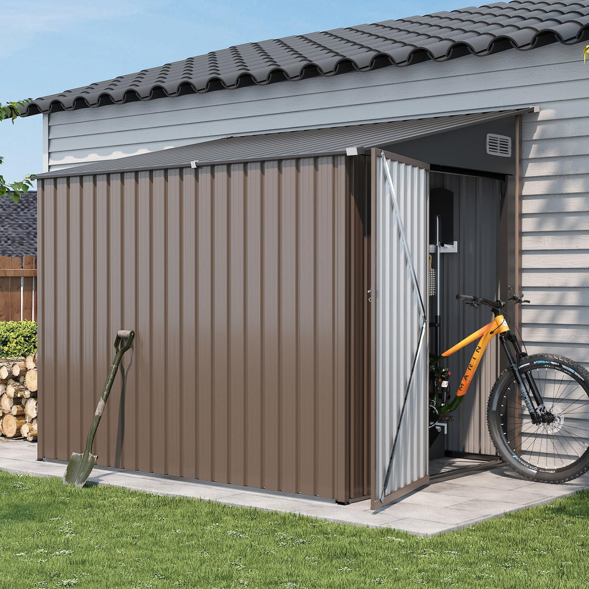 Breezestival 7'x5.5' Lean to Shed Large Storage Room Galvanized Steel Storage Sheds with Side Door Waterproof Utility Shed with Sloped Roof for Mower, Bike, Garden Tools (Brown) Breezestival