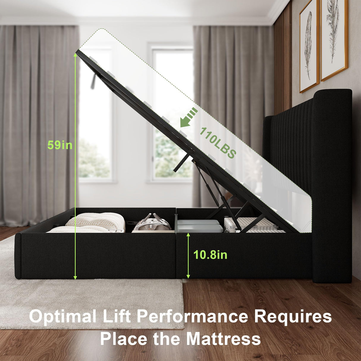 Feonase Queen Size Lift Up Storage Bed Frame, Linen Upholstered Platform Bed with Wingback Headboard, Hydraulic Storage, No Box Spring Needed, Black Feonase