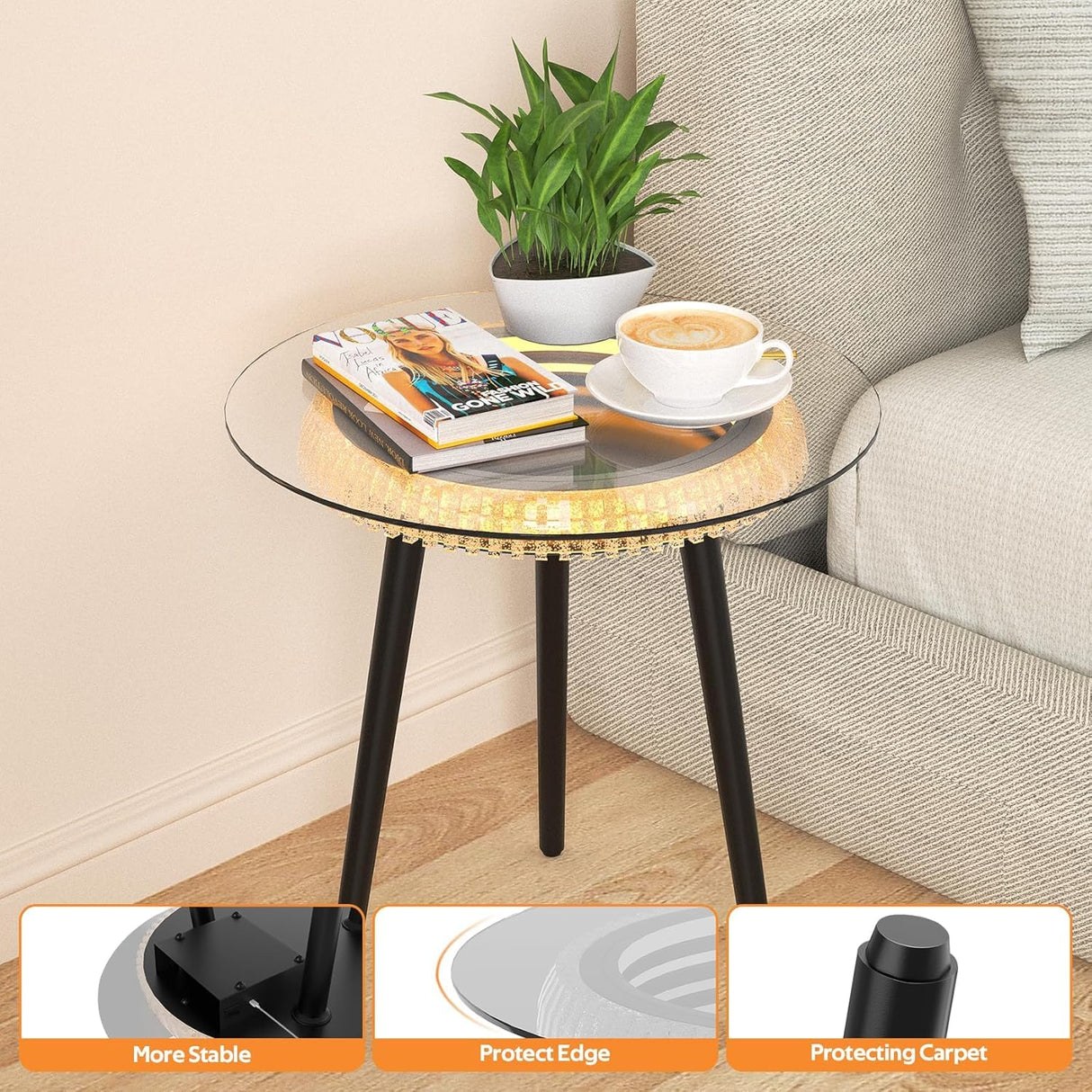 Bigbiglife Coffee Table with Led Light, Luxury Metal End Table with 3D Mirror, Glass Side Table for Appartment Home Living Room Bigbiglife