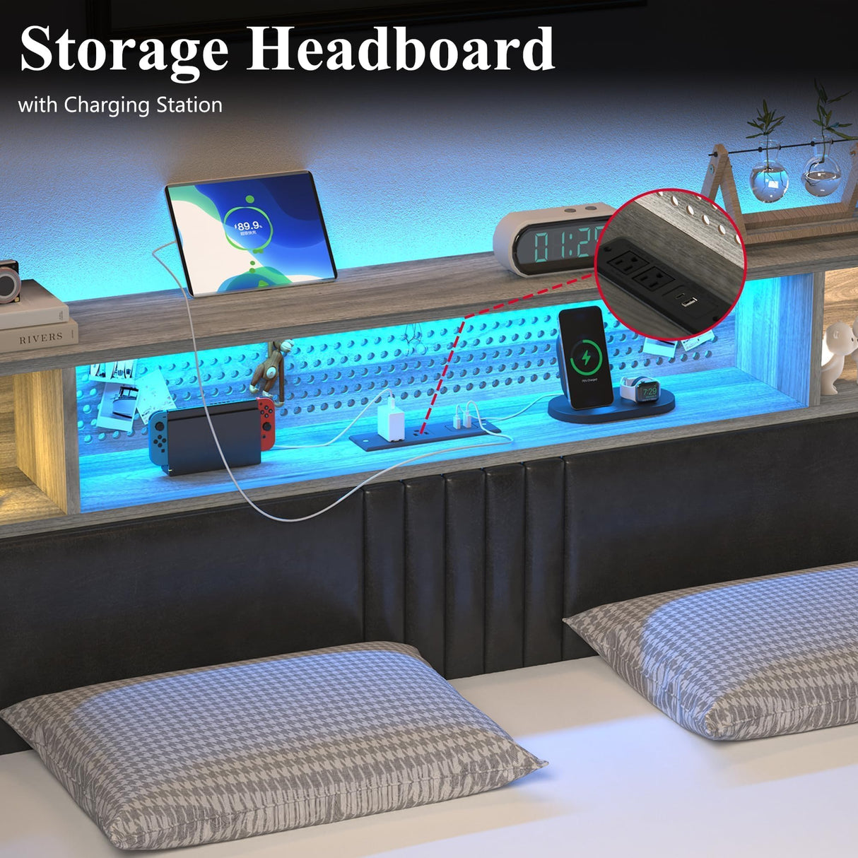 Full Bed Frame with Storage and Charging Station, Upholstered Bed Frame Full with LED Lights, Heavy Duty Metal Slat Support, No Box Spring Needed, Noise-Free, Easy Assembly, Noise-Free, Wash Grey CHABUILDREARK