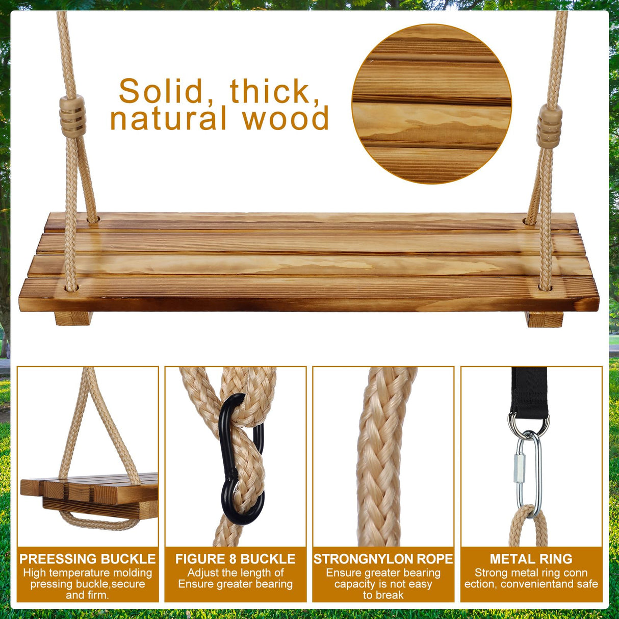 Hollowfly 2 Pcs Wood Swing Seat Carbonized Hanging Wood Tree Swing Adjustable Anticorrosive Waterproof Wooden Swing 440lbs Load for Adult Kids Indoor Outdoor Backyard Play, 24 x 6.3 x 1.42 Inch Hollowfly