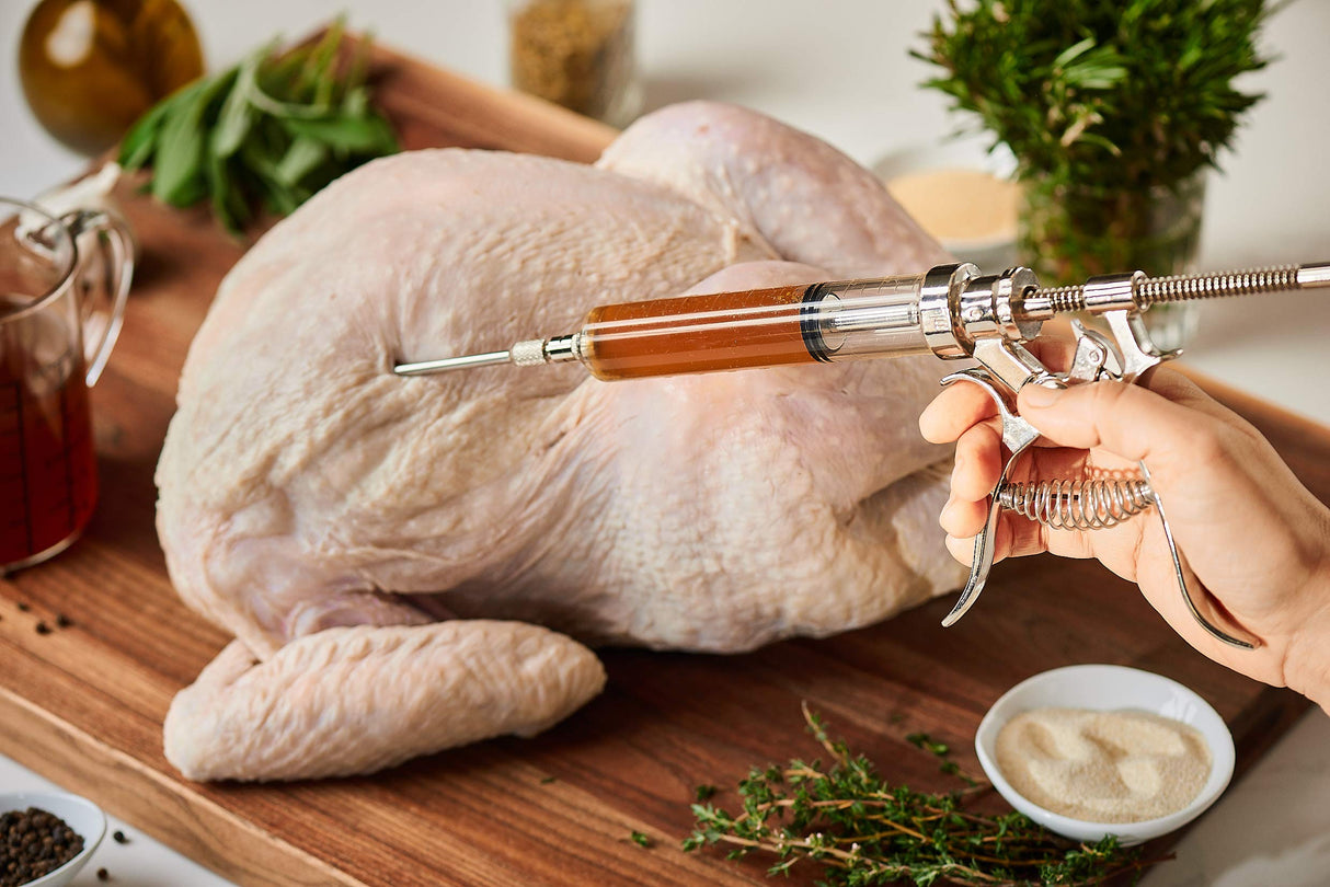 J&B Goods Professional Automatic BBQ Meat Marinade Injector Gun Kit with Case, 2 oz Large Capacity Barrel and 4 Commercial Grade Marinade Needles. J&B Goods