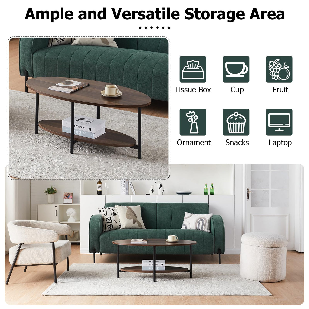 TUKAILAi Oval Coffee Table with Open Storage Shelf, 2-Tier Wooden Tea Table with Adjustable Feetpad, Industrial Center Table with Cross Metal Legs for Living Room, Bedroom, Lounge (Rustic Brown) TUKAILAi