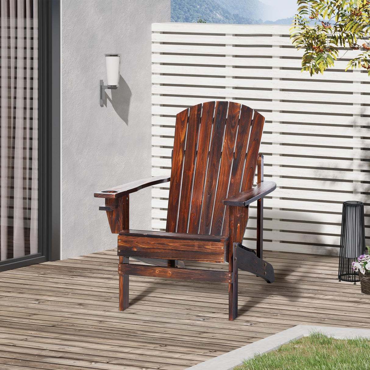 Outsunny Wooden Adirondack Chair, Outdoor Patio Lawn Chair with Cup Holder, Weather Resistant Lawn Furniture, Classic Lounge for Deck, Garden, Backyard, Fire Pit, Brown Outsunny
