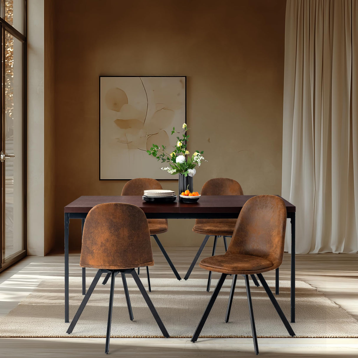 Homy Casa 5 Piece Mid-Century Modern 59" Rectangular Table & Chair Set for Dining Kitchen Room, 4 Upholstered Swivel Chairs in Suede Brown Homy Casa