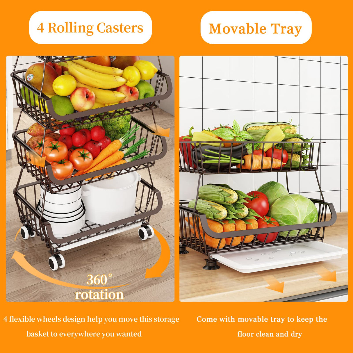 Fruit Vegetable Storage Basket for Kitchen - 4 Tier Stackable Metal Wire Baskets Cart with Rolling Wheels Utility Fruits Rack Produce Snack Organizer Bins for Pantry Bathroom Laundry Bronze Miyawell
