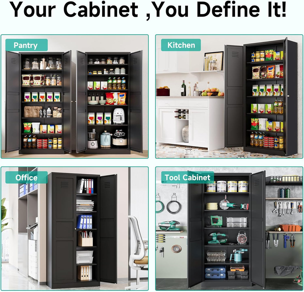 Metal Storage Cabinet with Doors and Shelves,Metal Pantry Cabinet,Black Craft Storage Cabinet,Ventilated Pantry Storage Cabinet,Large Tall Closet Cupboard for Home,Kitchen,Dining/Living/Laundry Room SISESOL