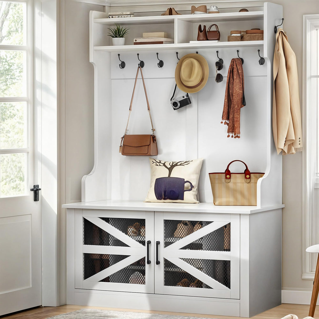 DWVO 42" Wide Hall Tree with Shoe Storage, Farmhouse Entryway Bench with Coat Rack, 10 Shoe Cubbies with Adjustable Shelves & 10 Coat Hooks, Shoe Storage Bench for Entryway Hallway (White) DWVO