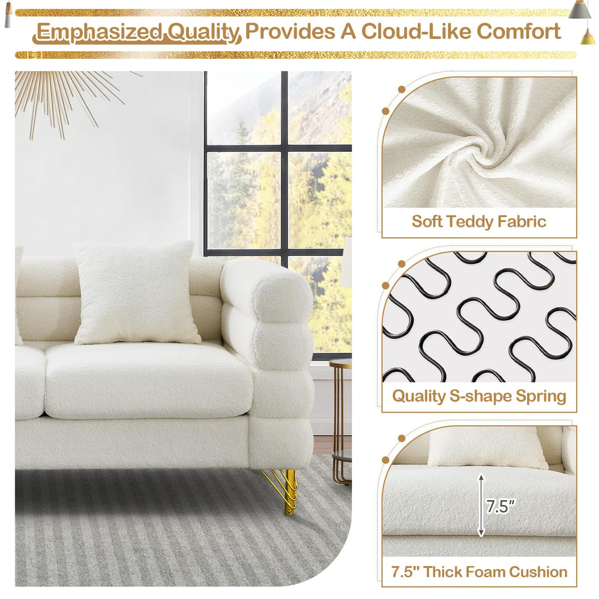 Comfy Loveseat Sofa, 60-inch 2 Seater Boucle Couch with Deep Seat Design, Upholstered Love Seat with 2 Pillows, Modern Living Room Sofa with Stylish Metal Legs for Office, Waiting Room, White Teddy KINFFICT