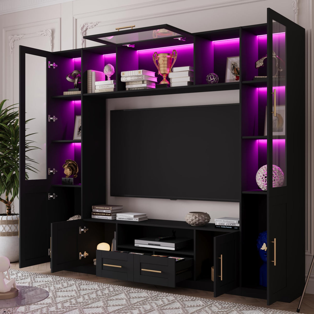 Bobve 94" Wall Unit Entertainment Center for TVs up to 70", Modern TV Console with LED Lights, Multifunctional TV Stand with Tempered Glass Door, Drawers & Shelves for Living Room, Black Bobve