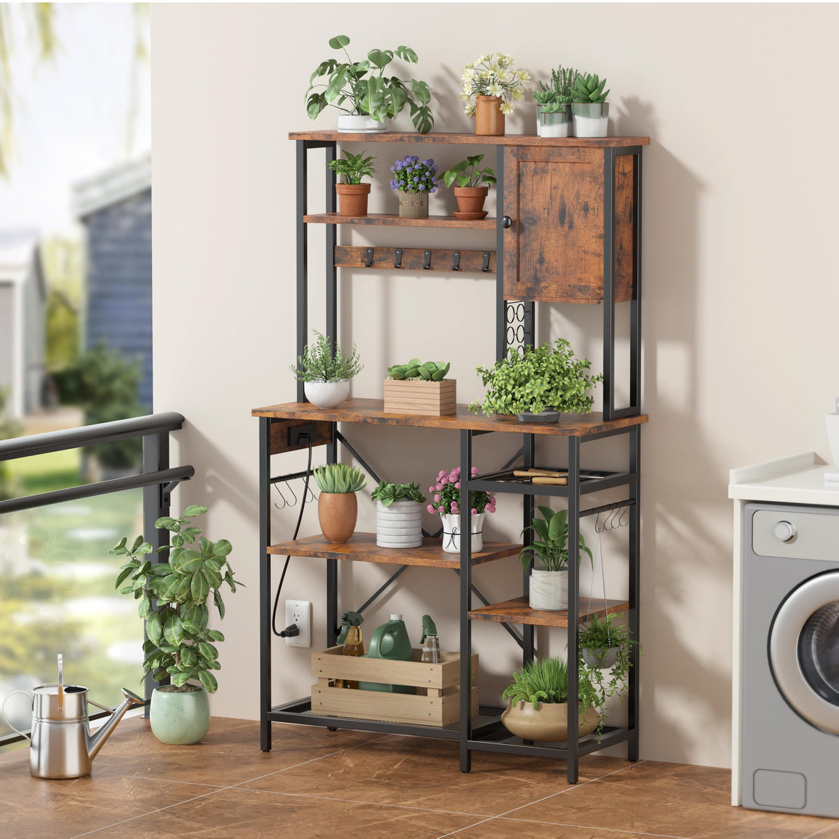 Decofy Bakers Rack with Power Outlet - Microwave Stand with Storage, Large Coffee Bar with K Cups Holder, 5 Tiers Metal Kitchen Shelves Rack, 39.37 x 15.75 x 63 Inches, Brown Decofy