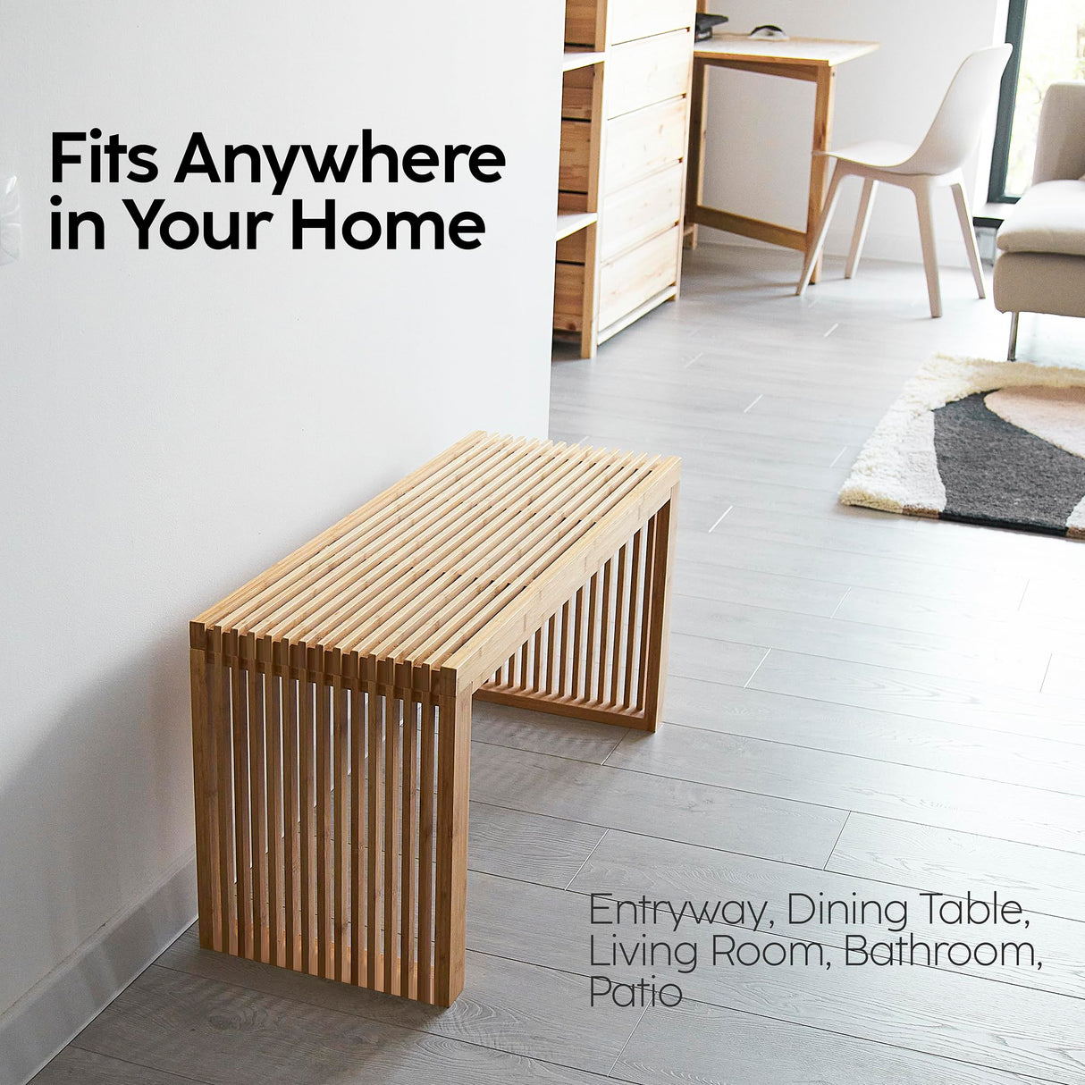 Bamboo Natural 36 inch Wooden Bench, Small Wood Benches for Entryway, Living & Dining Room, Kitchen, Bedroom, Bathroom, Hallway, Front Door, For Indoor & Outdoor Patio Use, Mid Century Modern Decor SWEVEN