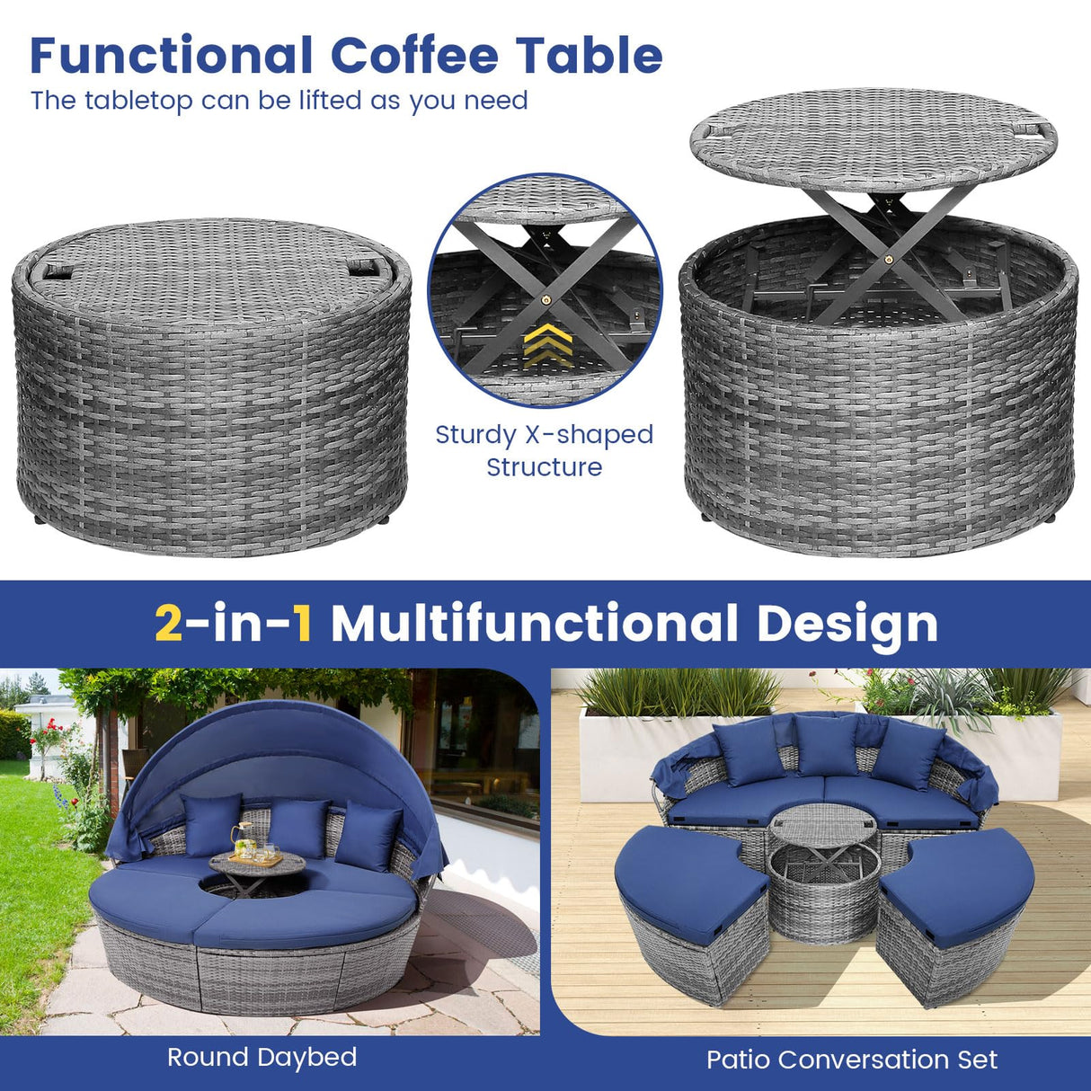 HAPPYGRILL Rattan Daybed with Canopy, Outdoor Wicker Round Daybed Patio Sectional Seating with Cushions & Adjustable Side Table, Patio Furniture for Backyard Porch Poolside HAPPYGRILL