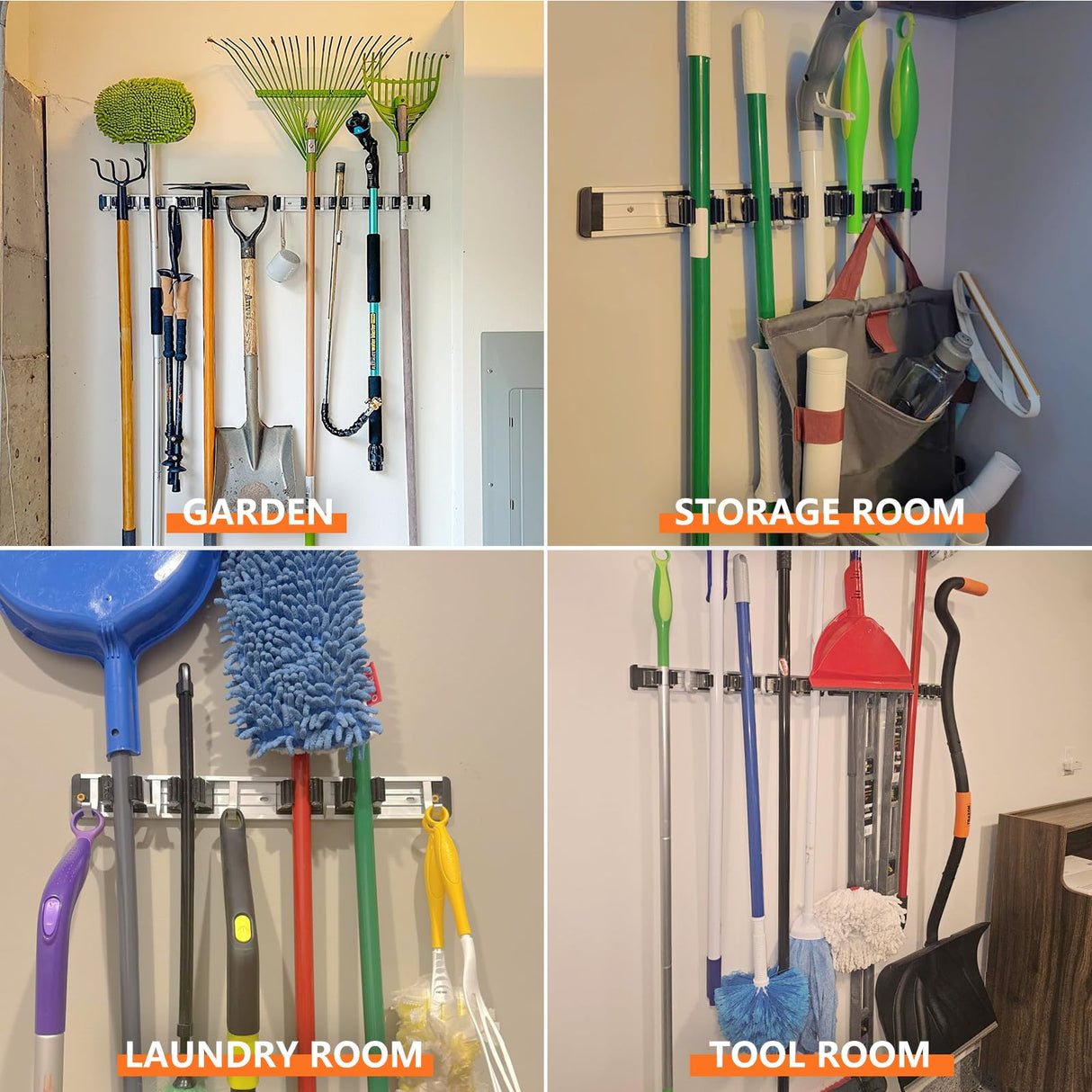 reliahom 2 Pack Broom Holder Wall Mount Mop and Broom Hanger Wall Mounted Garage Storage Rack Kitchen Garden Tool Organizer (5 Racks with 4 Hooks, Black) reliahom