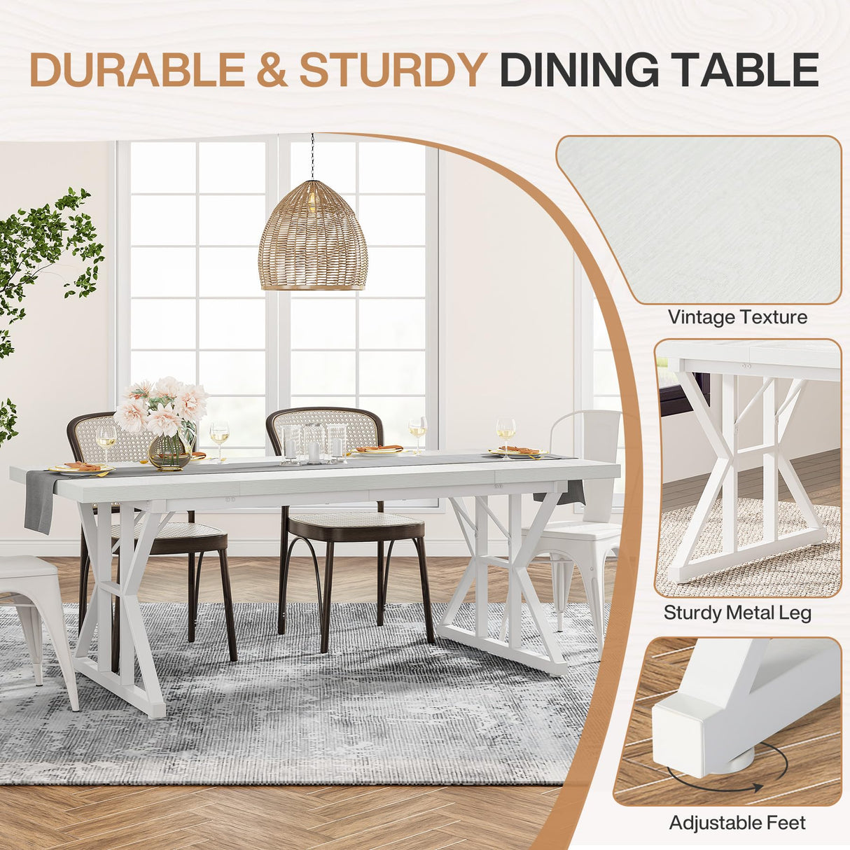 Tribesigns Farmhouse Dining Table for 6 People, 70.8-Inch Rectangular Wood Dining Table, Rustic Kitchen Table with Heavy Duty Metal Legs for Dining Room Tribesigns