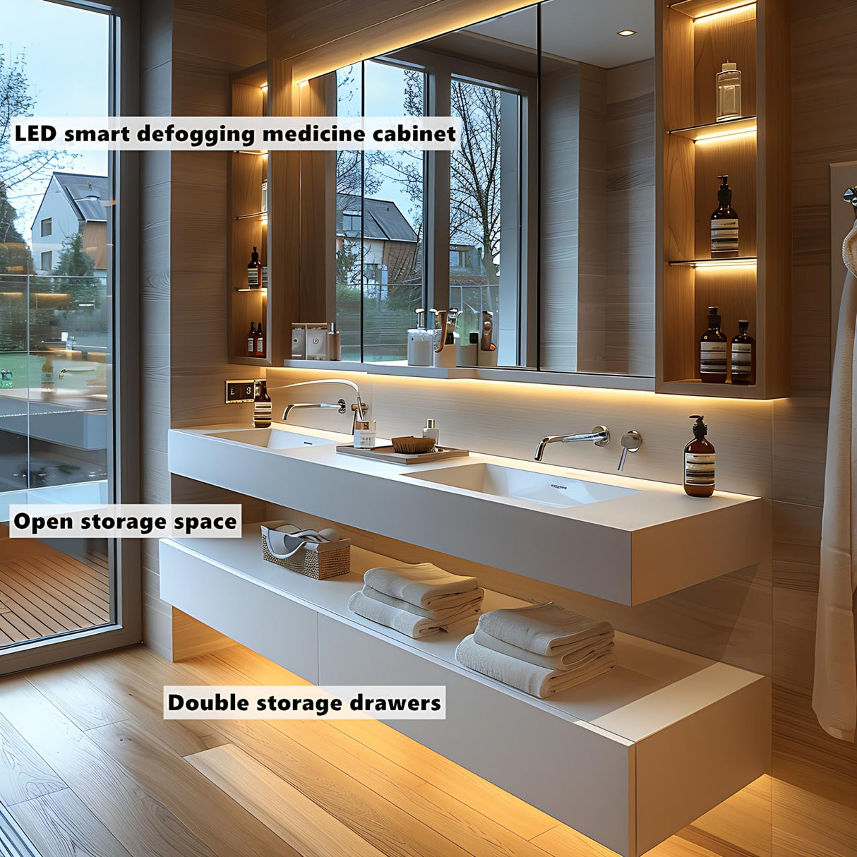 ZGNBSD Bathroom Vanity with Sink - Double Sink Bathroom Vanity, Wall Mounted Bathroom Sink Cabinet & LED Smart Defogger Mirror Cabinet Combination, Floating Vanity (Single B, 60") ZGNBSD