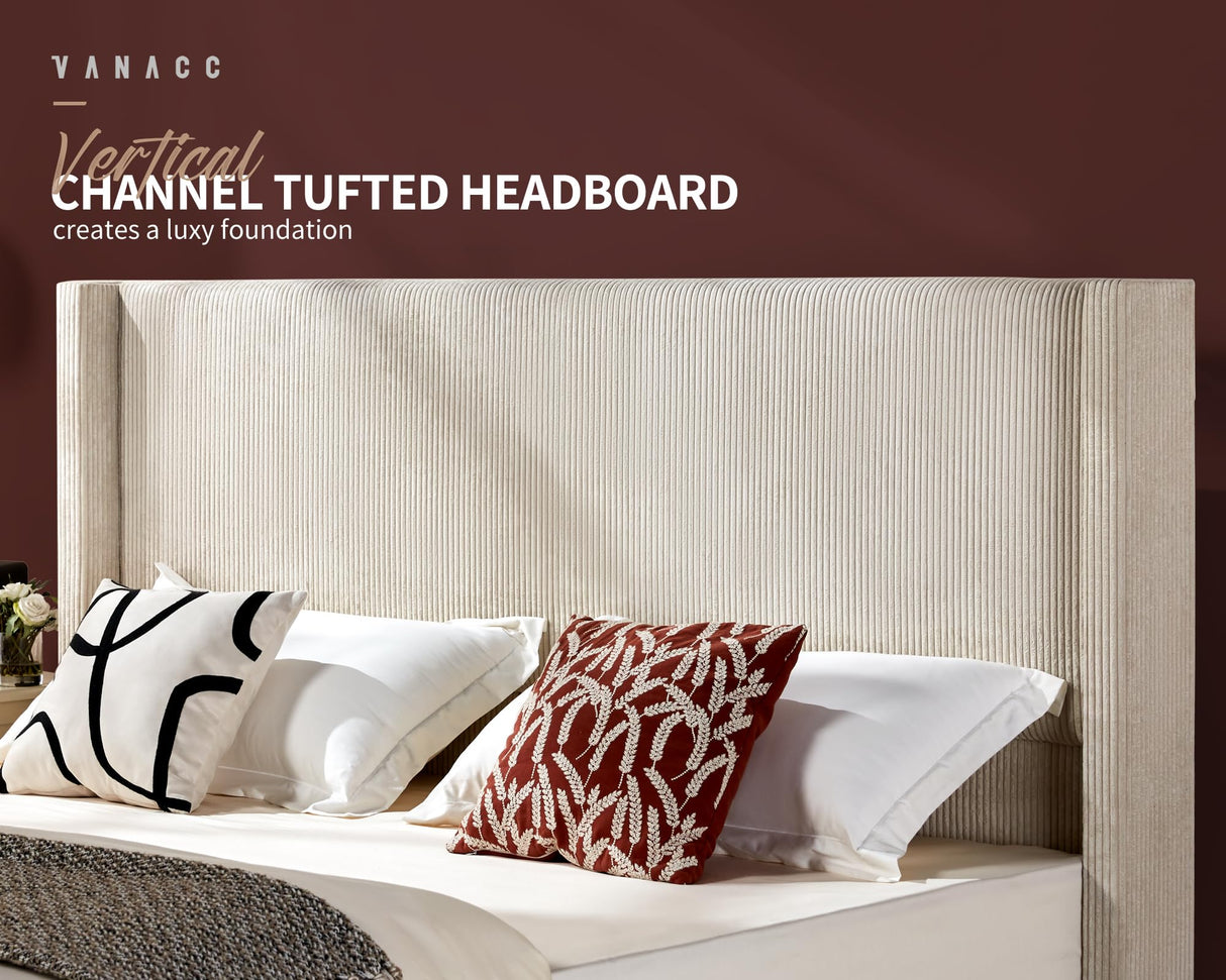 VanAcc King Size Modern Beige Upholstered Platform Bed Frame with Wingback and Tufted Headboard VanAcc