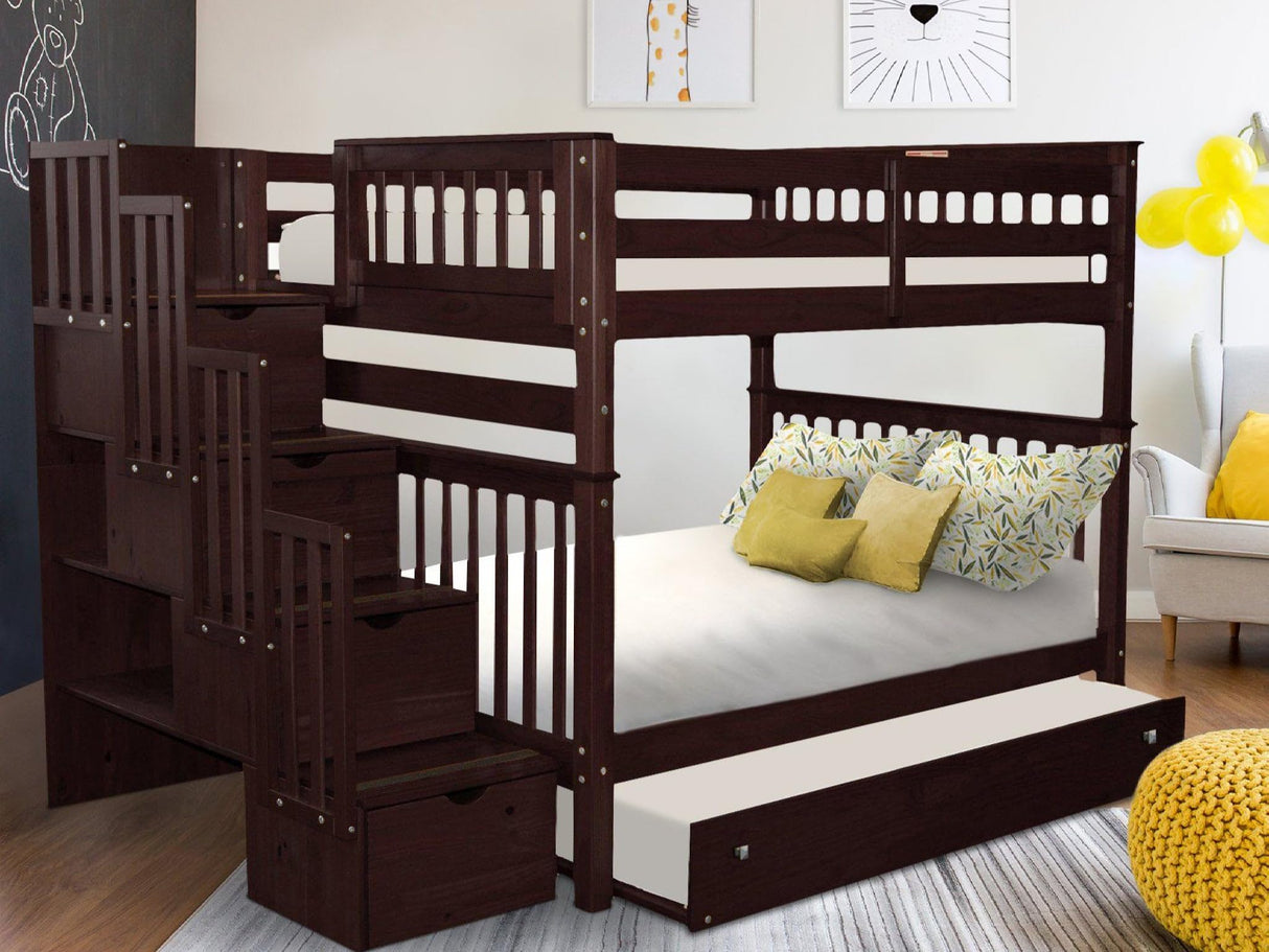 Bedz King Stairway Bunk Beds Full Over Full with 4 Drawers in The Steps and a Full Trundle, Dark Cherry Bedz King