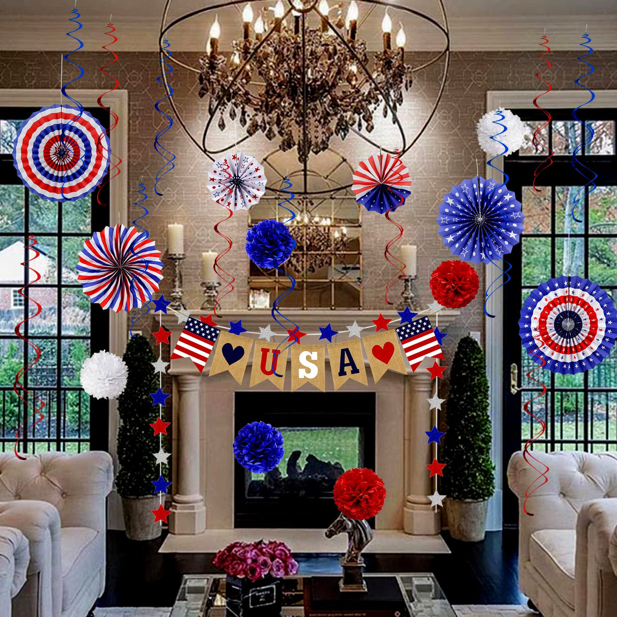 Labrostar 26Pcs Patriotic Decorations - Red, White & Blue USA Flag Party Pack for Fourth of July, Includes Paper Fans, Pom Poms, Hanging Swirls, Banner & Star Streamer Labrostar