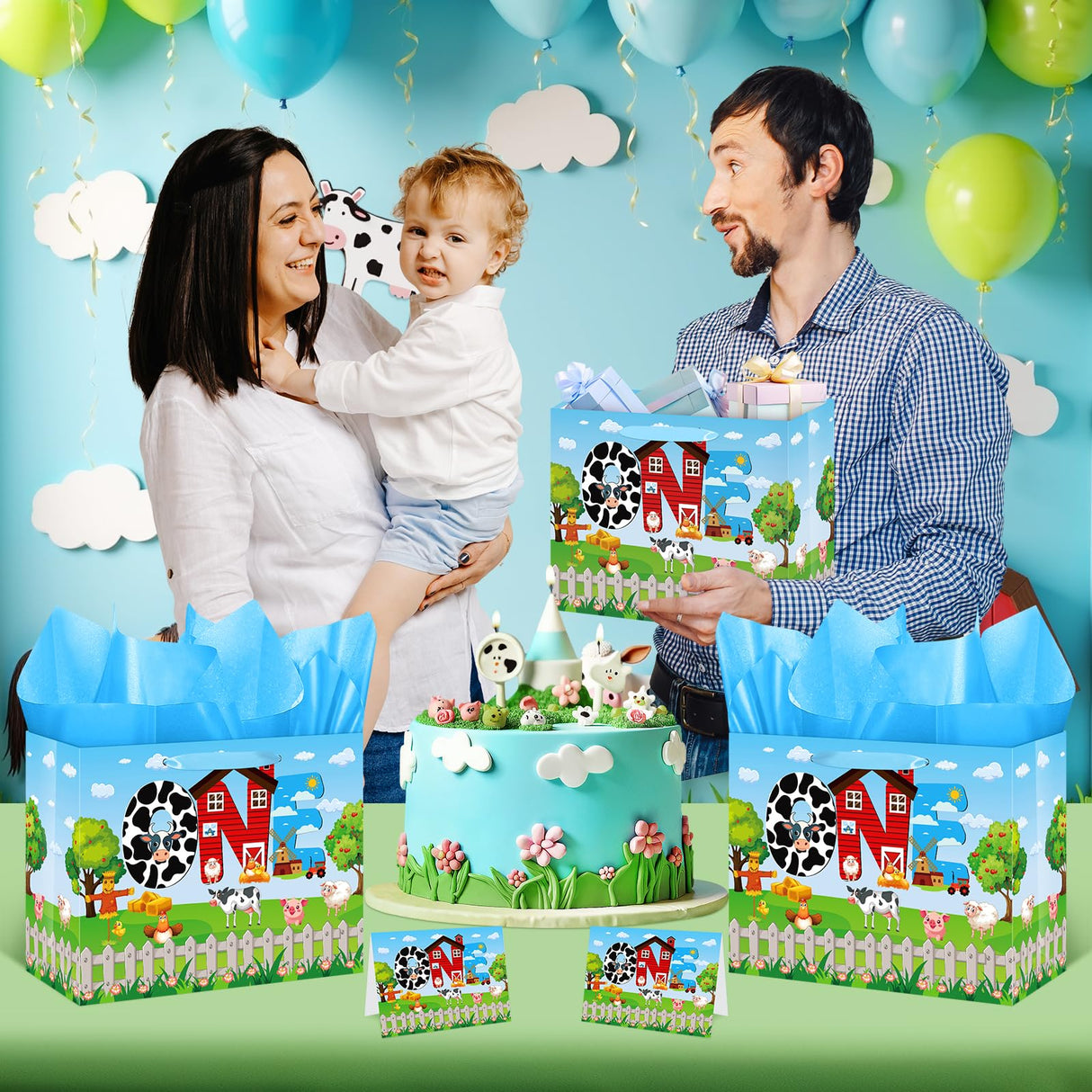 Farm Animals 1st Birthday Decorations Farmhouse Barnyard First Birthday Gift Bag with Tissue Papers Card One Birthday Wrapping Paper Bag for Kids Newborn 1st Birthday Baby Shower Christmas Party Innovoscape
