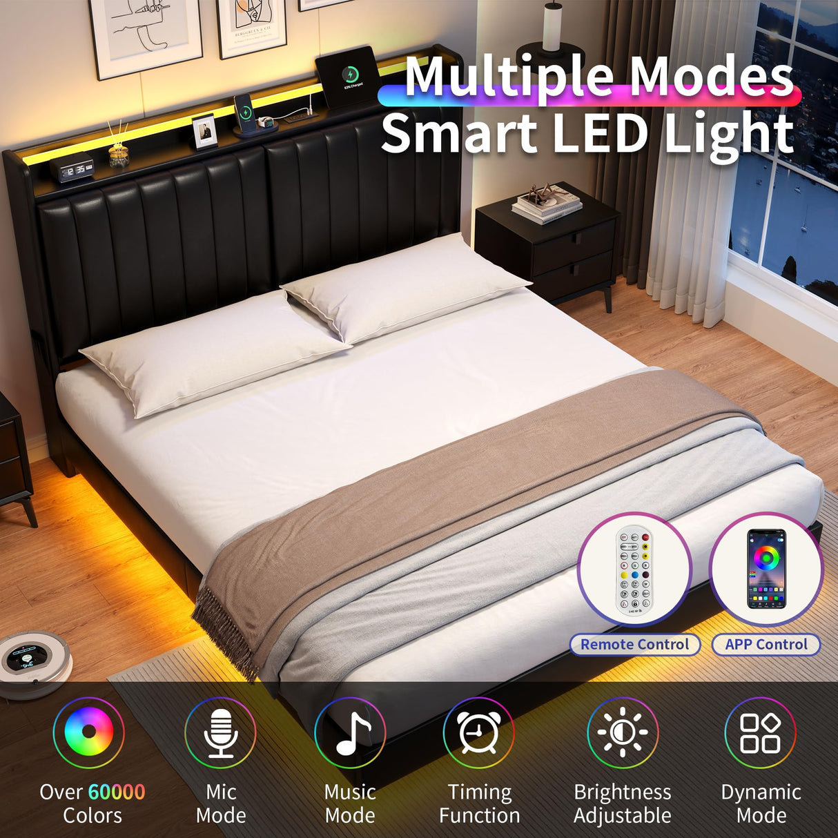 Jocoevol Full Size Floating Bed Frame with Ergonomic Hidden Storage Headboard and LED Lights, Visual Floating LED Bed Frame with Charing Station, Leather Upholstered Platform Bed, Heavy Duty, Black Jocoevol