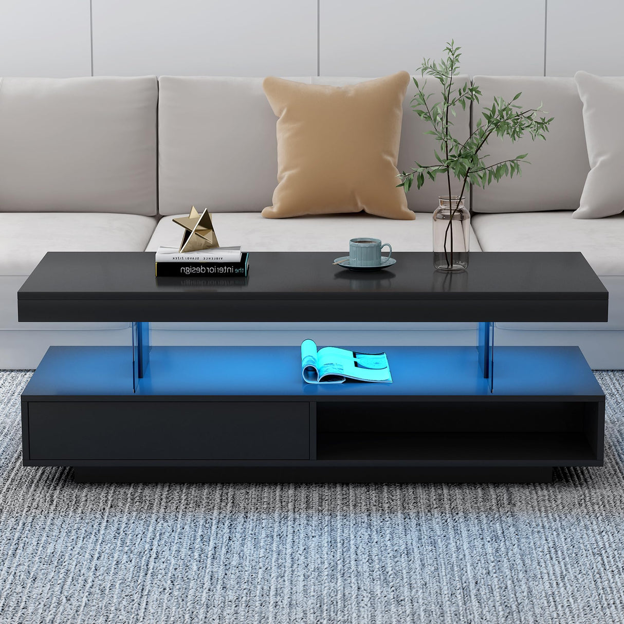 Modern LED Coffee Table with Storage, High Gloss Cocktail Center Table with Drawers, Display Shelves & LED Lights for Living Room, 51.2’’, Black Amposei