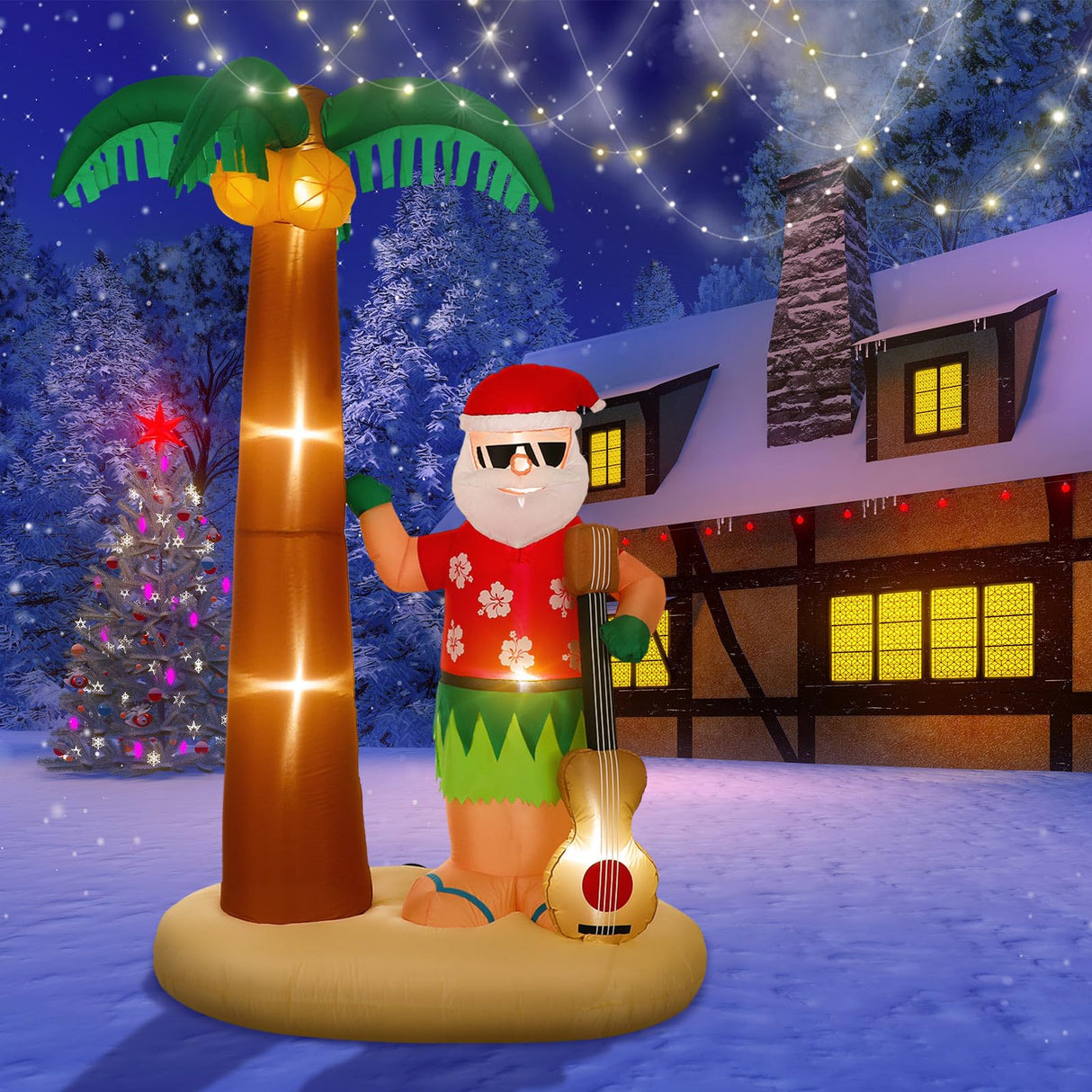 Liliful 8 Ft Tall Christmas Santa Inflatable Outdoor Decorations Hula Santa Claus on Beach Palm Tree Outdoor Xmas Blow Up Yard Decoration with LED Lights for Christmas Party Outdoor Garden Lawn Patio Liliful