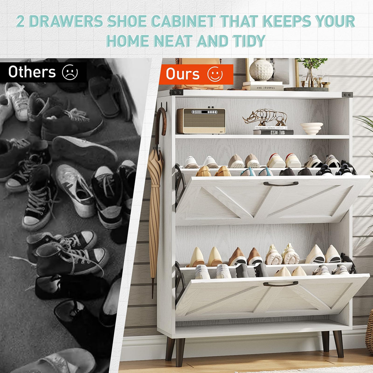 Vabches Shoe Storage Cabinet with 2 Flip Drawers,Freestanding Narrow Shoe Organizer with Open Storage,Hidden Slim Organizer Rack for Entryway,Hallway,White Vabches