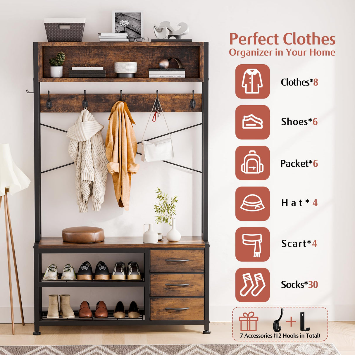 Lulive Hall Tree with Bench and Shoe Storage, 31.5" Coat Rack Freestanding with 2-Tier Storage Shelf, 6-in-1 Entryway Bench Coat Rack with 12 Hooks and 3 Drawers(Rustic Brown) Lulive