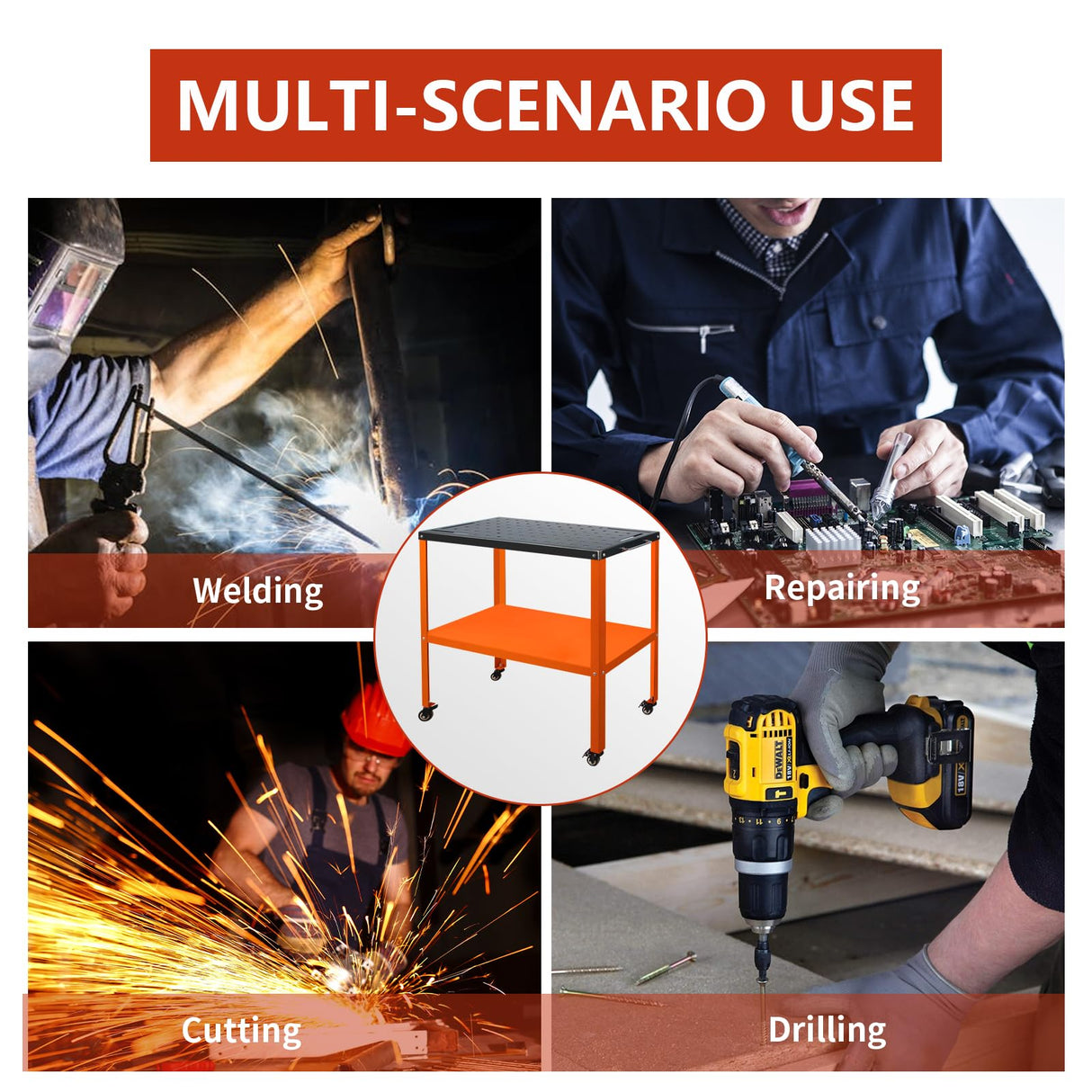 Welding Table Welding Cart 36''×18'', 1200lbs Load Capacity Industrial Workbench with 5/8" Holes Fixture Table with Wheels (Orange) SGOLAN
