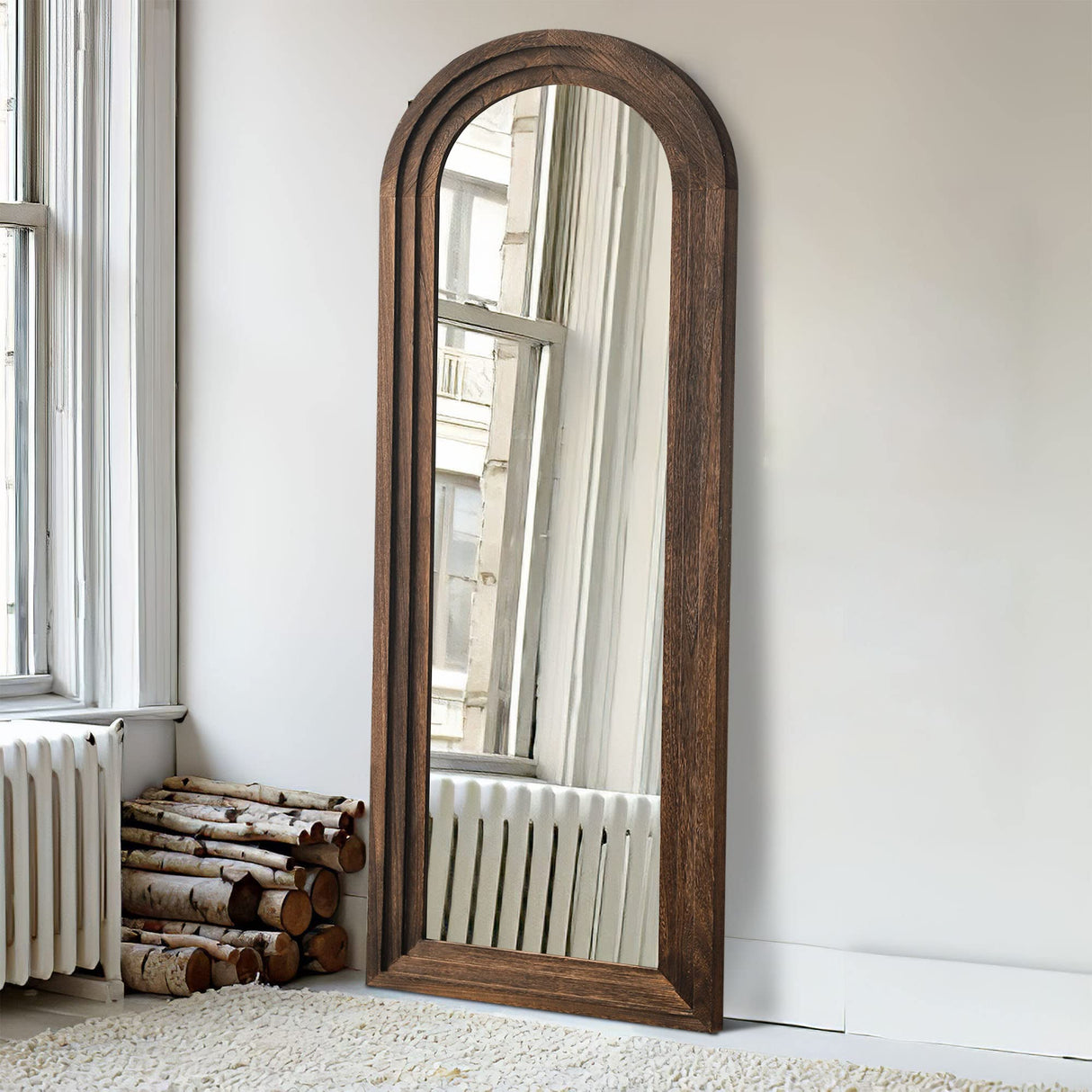 KIAYACI Arched Floor Mirror Wood Frame Wall Mounted Mirror Distressed Style Wide Frame Dressing Make Up Mirror for Bathroom/Bedroom/Living Room/Dining Room/Entry/Farmhouse (Coffee, 64" x 21") KIAYACI