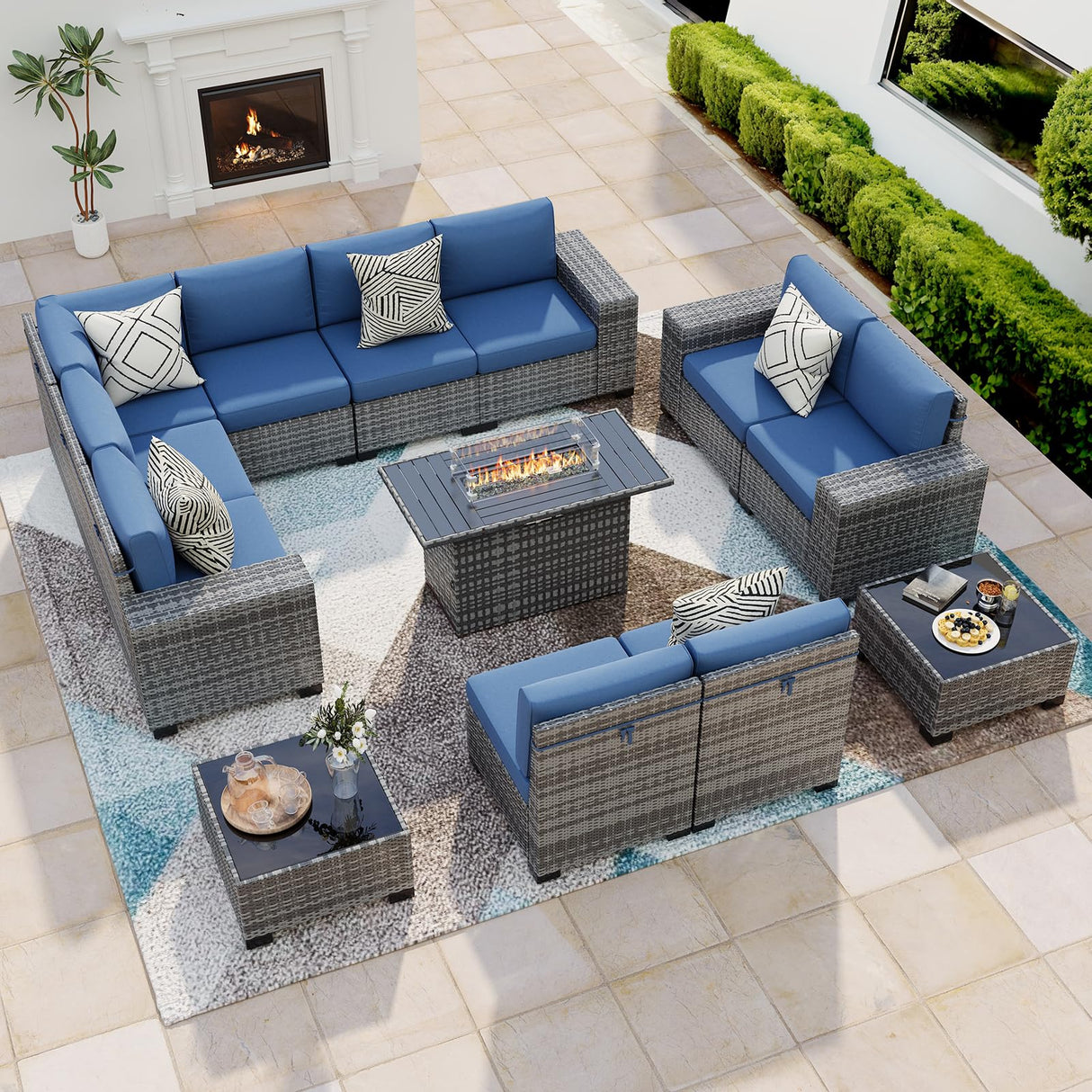 VONZOY 13 Piece Patio Furniture Set with Fire Pit Table, Outdoor Conversation Sets Grey Wicker Rattan Sectional Sofa, 4'' Thickened Cushion Navy Blue (Include Waterproof Cover) VONZOY