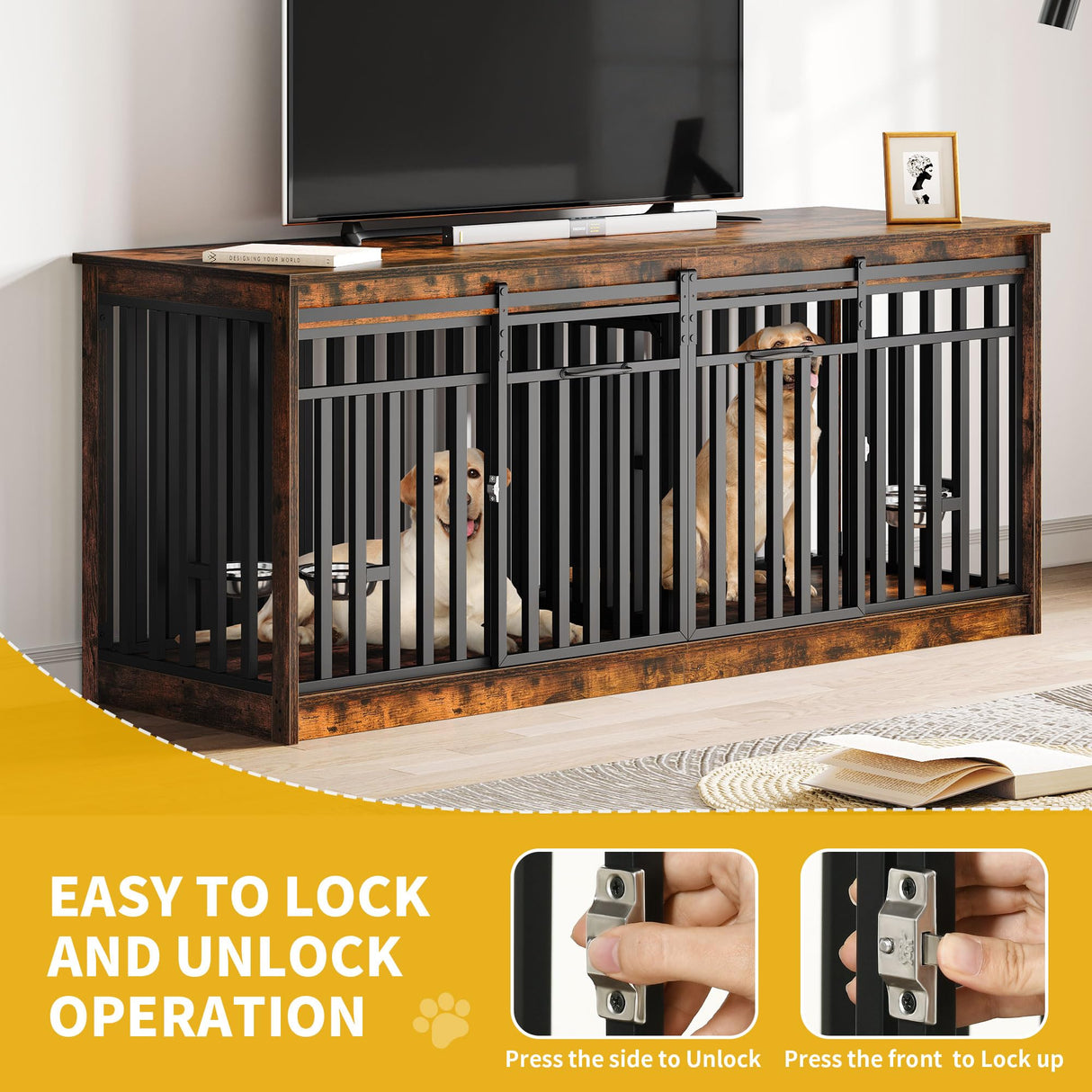 DWVO 71" Double Dog Crate Furniture for 2 Medium Dogs, Heavy Duty Wood Dual Dog Kennel TV Stand with Sliding Doors, Decorative Wooden 2 Dog Cage Table with Dog Bowls for Extra Large Dogs Rustic Brown DWVO