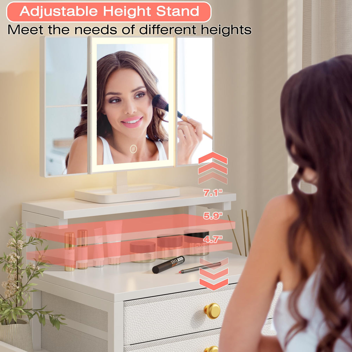 HIGDBFE Vanity Desk with Mirror and Lights, 28.4''W Small Makeup Vanity Table with Height-Adjustable Stand, 2 Fabric Drawers Compact Makeup Desk, Gift for Girls, Bedroom Small Space, White HIGDBFE