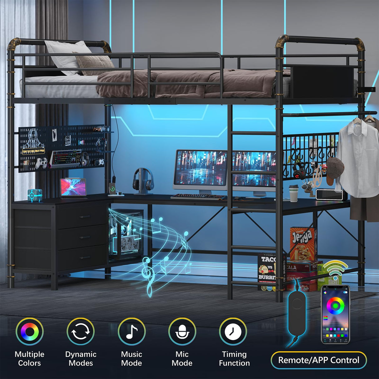 Twin Size Loft Bed with U-Shaped Desk & RGB LED Lights, Twin Loft Metal Bed Frame with Charging Station Bunk loft bed with 3 Drawers, Safety Guard & Ladder, 3 Pegboards, No Box Spring Needed, BlacK CSZZD