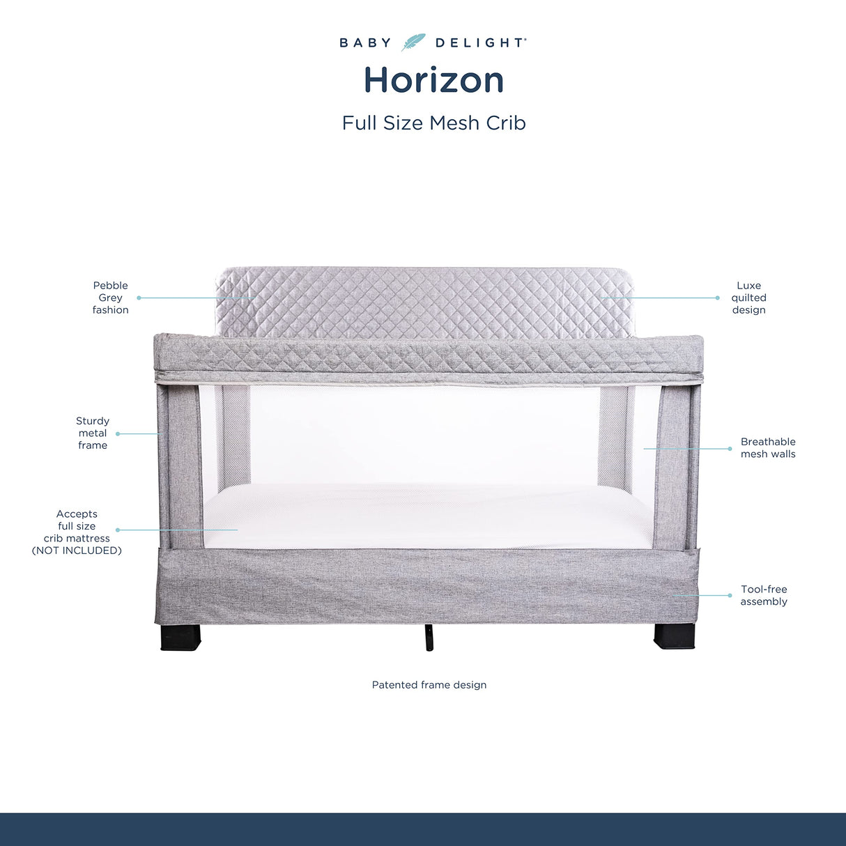 Baby Delight Horizon Full Size Crib, Breathable Mesh Walls, Tool-Free Assembly Baby Bed, Luxe Quilted Easy to Clean Fabric, Grey Baby Delight