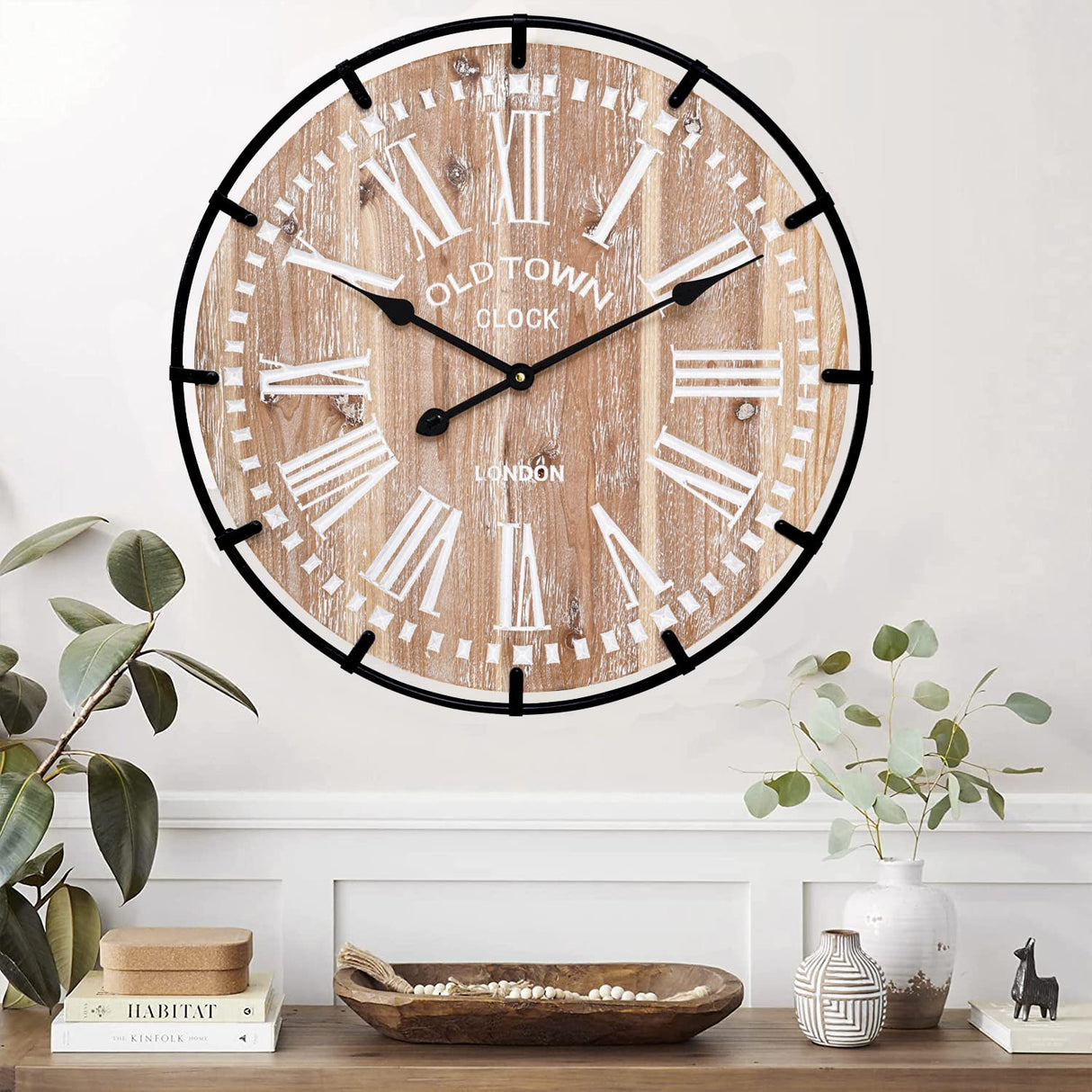 MODE HOME Large Farmhouse Wall Clock, 24 Inch Rustic Wooden Wall Clock Decorative with Metal Circle and Engraved Numerals, Silent Battery Operated for Kitchen Bedroom Living Room Fireplace Mantel MODE HOME